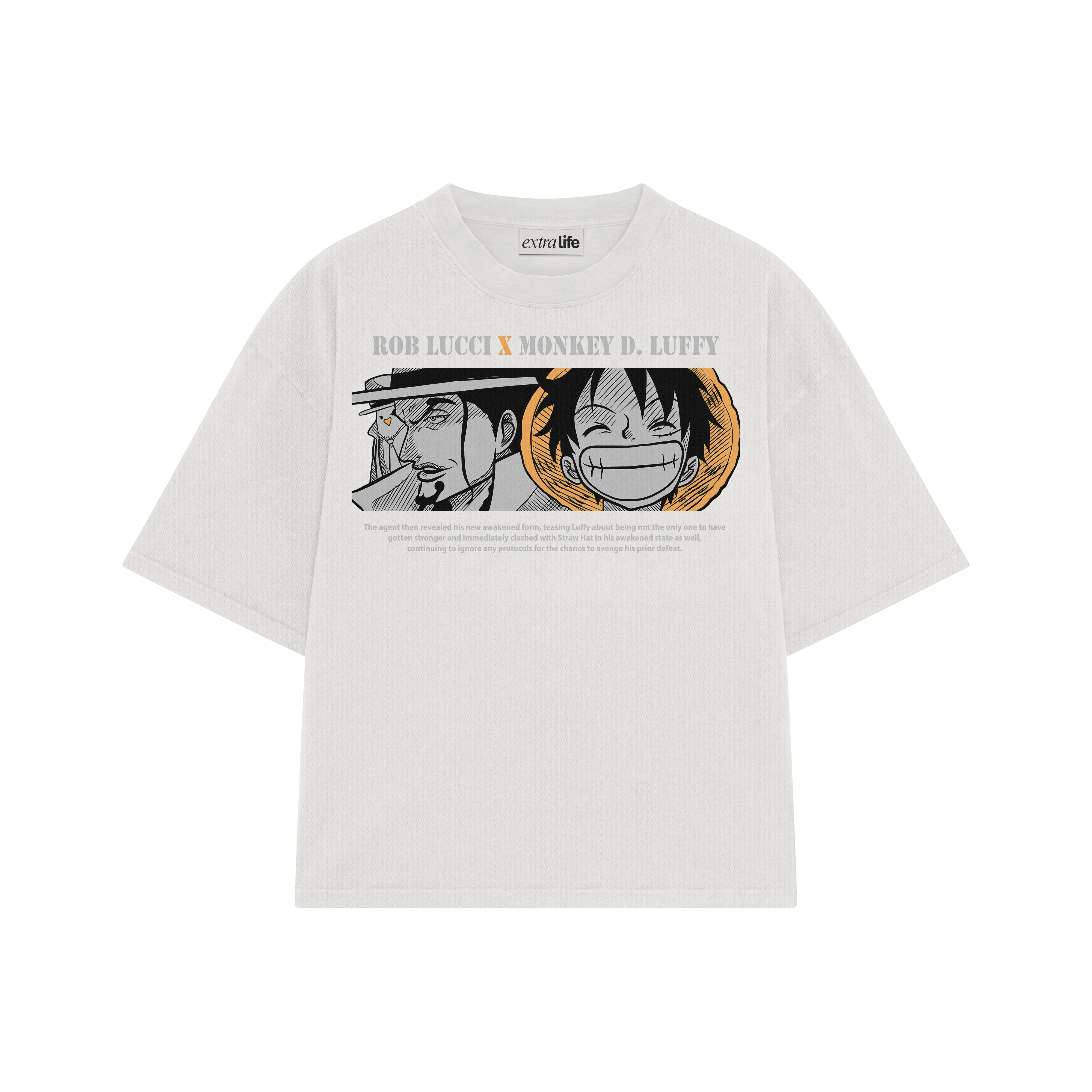 Playera streetwear premium de anime y gaming ExtraLife MX, corte boxy oversized drop shoulder heavyweight en color Deep Black y Off-White, moda urbana mexicana de culto.