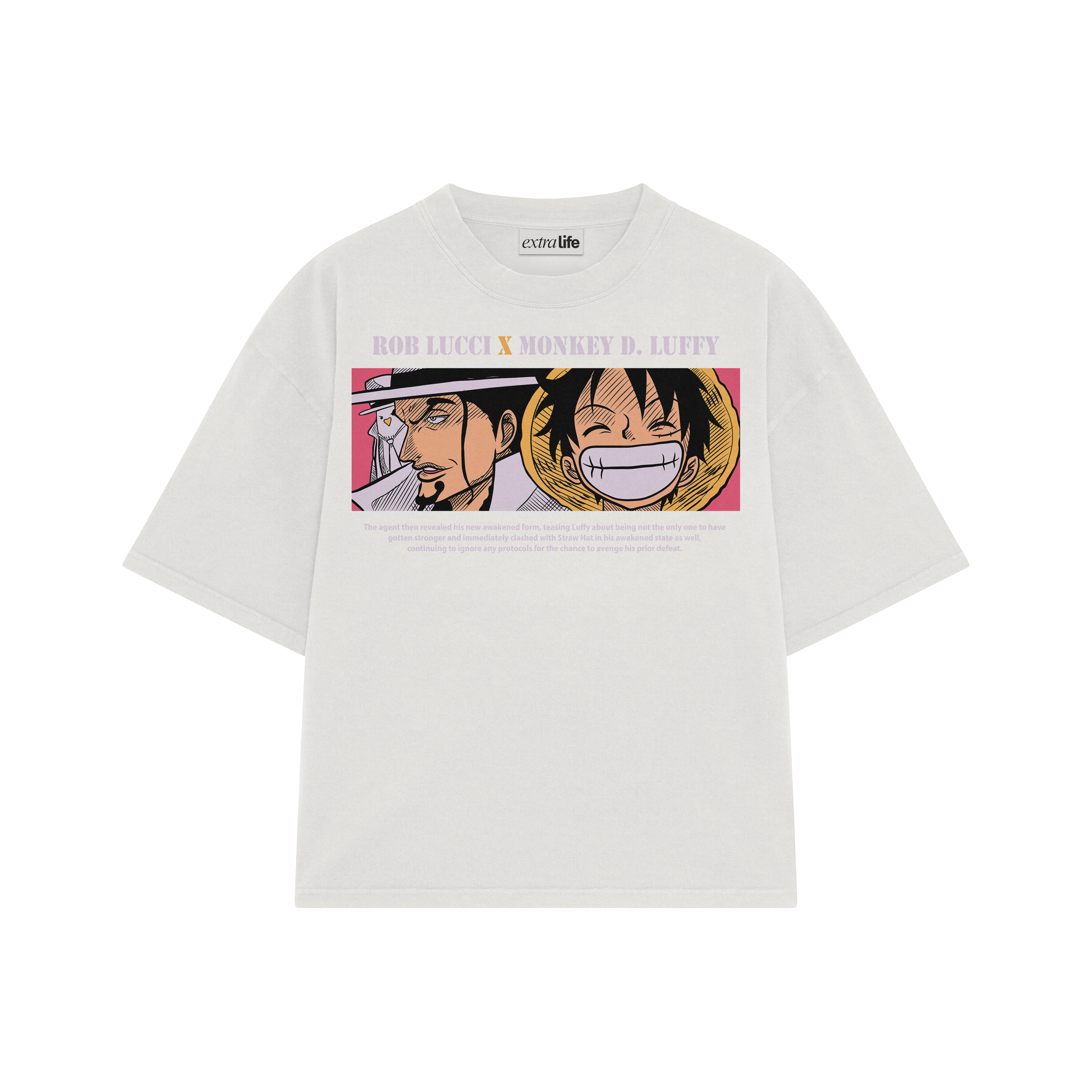 Playera streetwear premium de anime y gaming ExtraLife MX, corte boxy oversized drop shoulder heavyweight en color Deep Black y Off-White, moda urbana mexicana de culto.