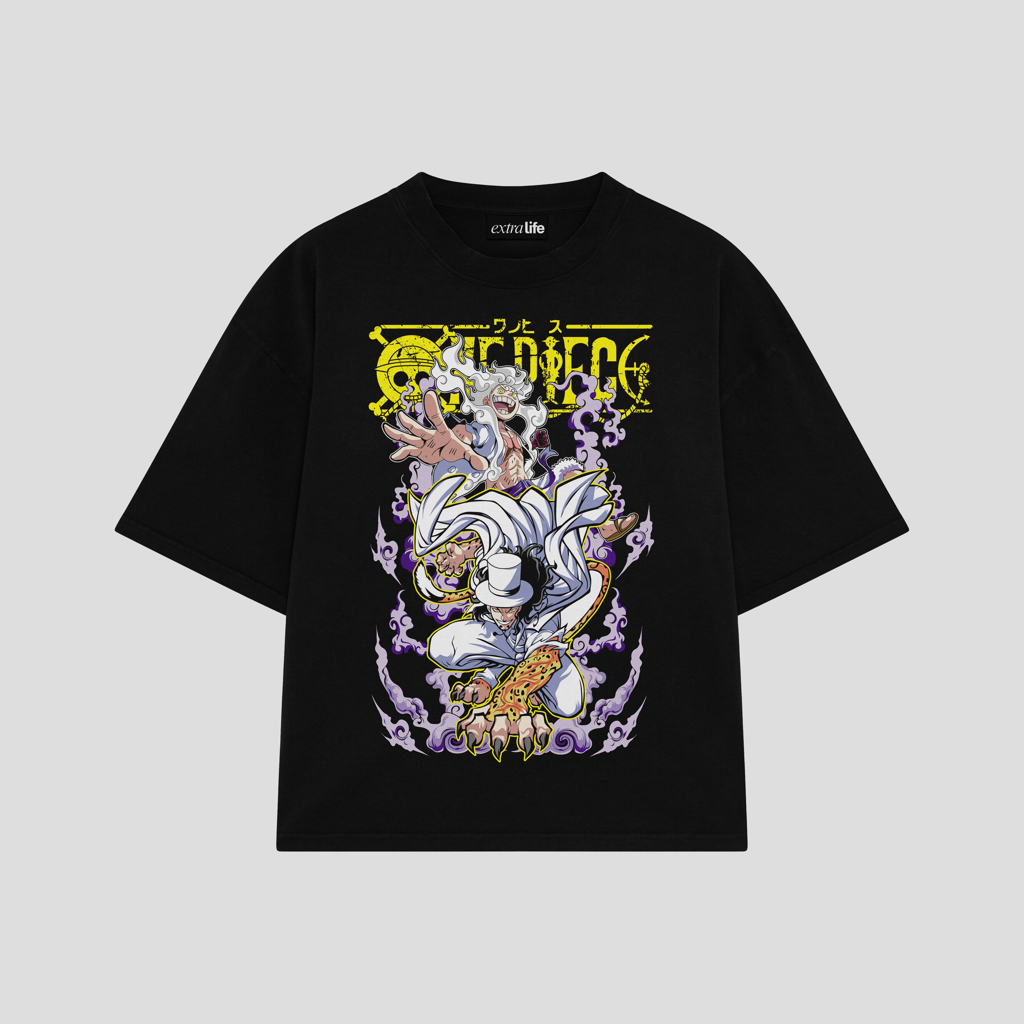 Playera streetwear premium de anime y gaming ExtraLife MX, corte boxy oversized drop shoulder heavyweight en color Deep Black y Off-White, moda urbana mexicana de culto.