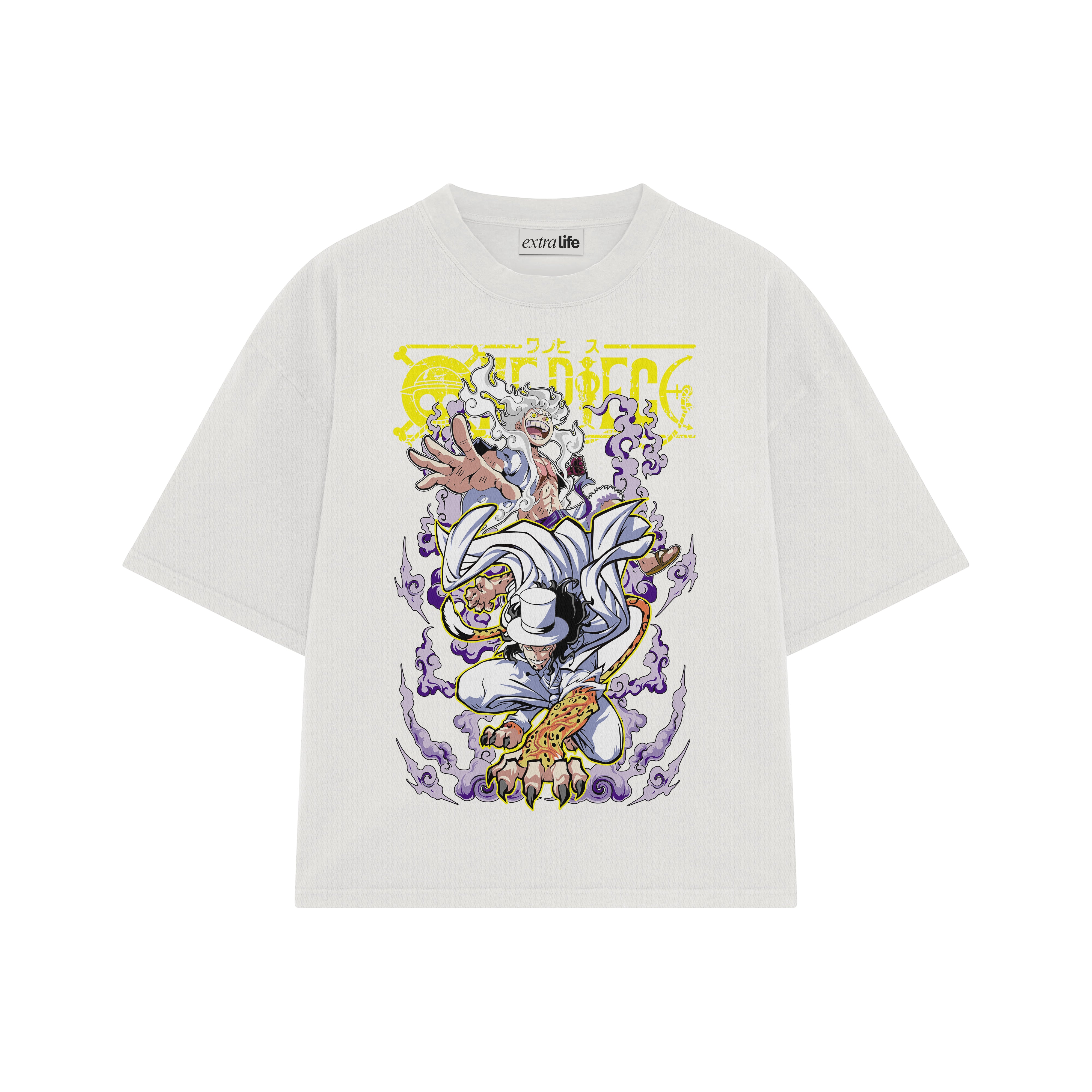 Playera streetwear premium de anime y gaming ExtraLife MX, corte boxy oversized drop shoulder heavyweight en color Deep Black y Off-White, moda urbana mexicana de culto.