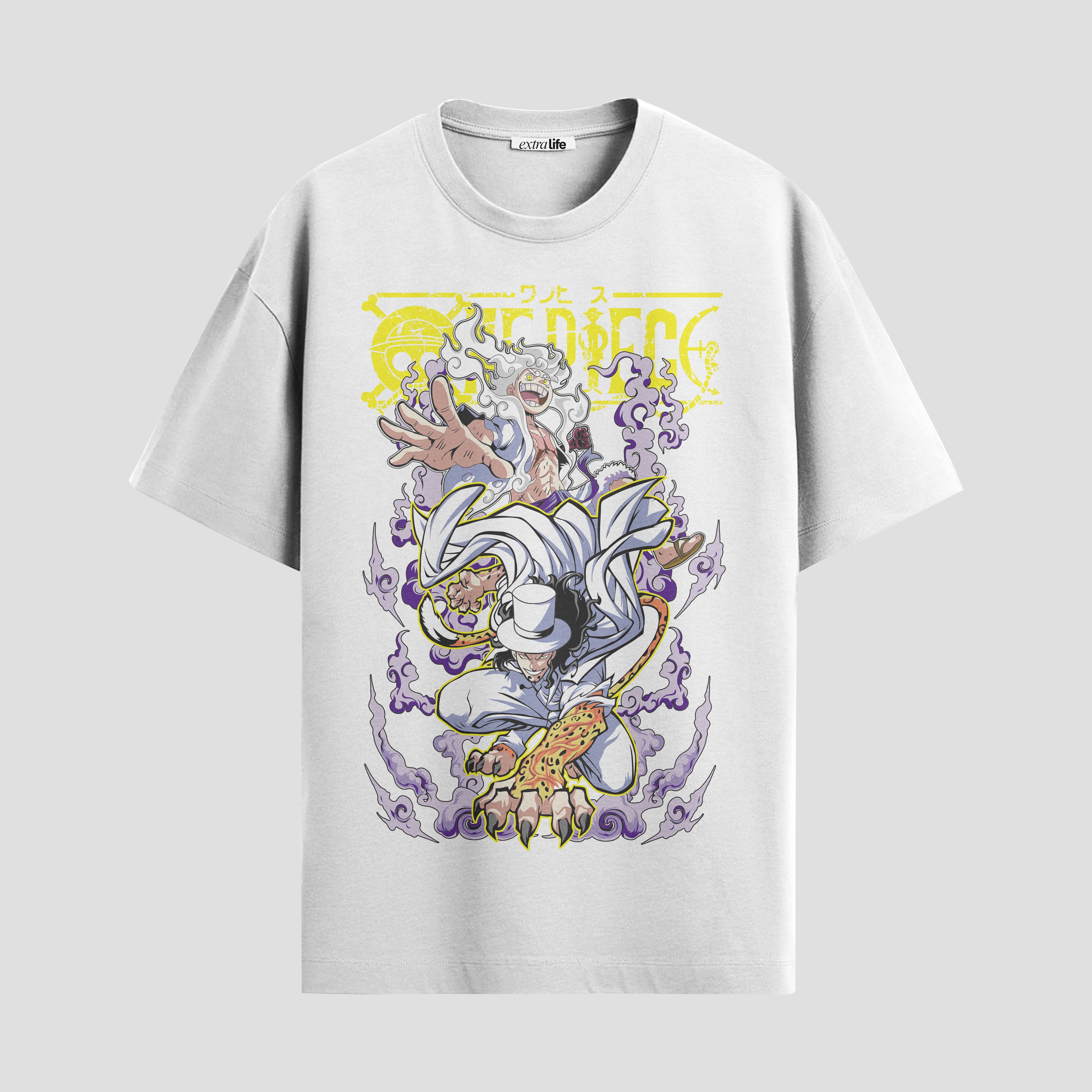 Playera urbana de anime y gaming ExtraLife MX, corte Standard Fit unisex ligero y transpirable en color Deep Black y Pure White, ropa de uso diario para gym y casual.