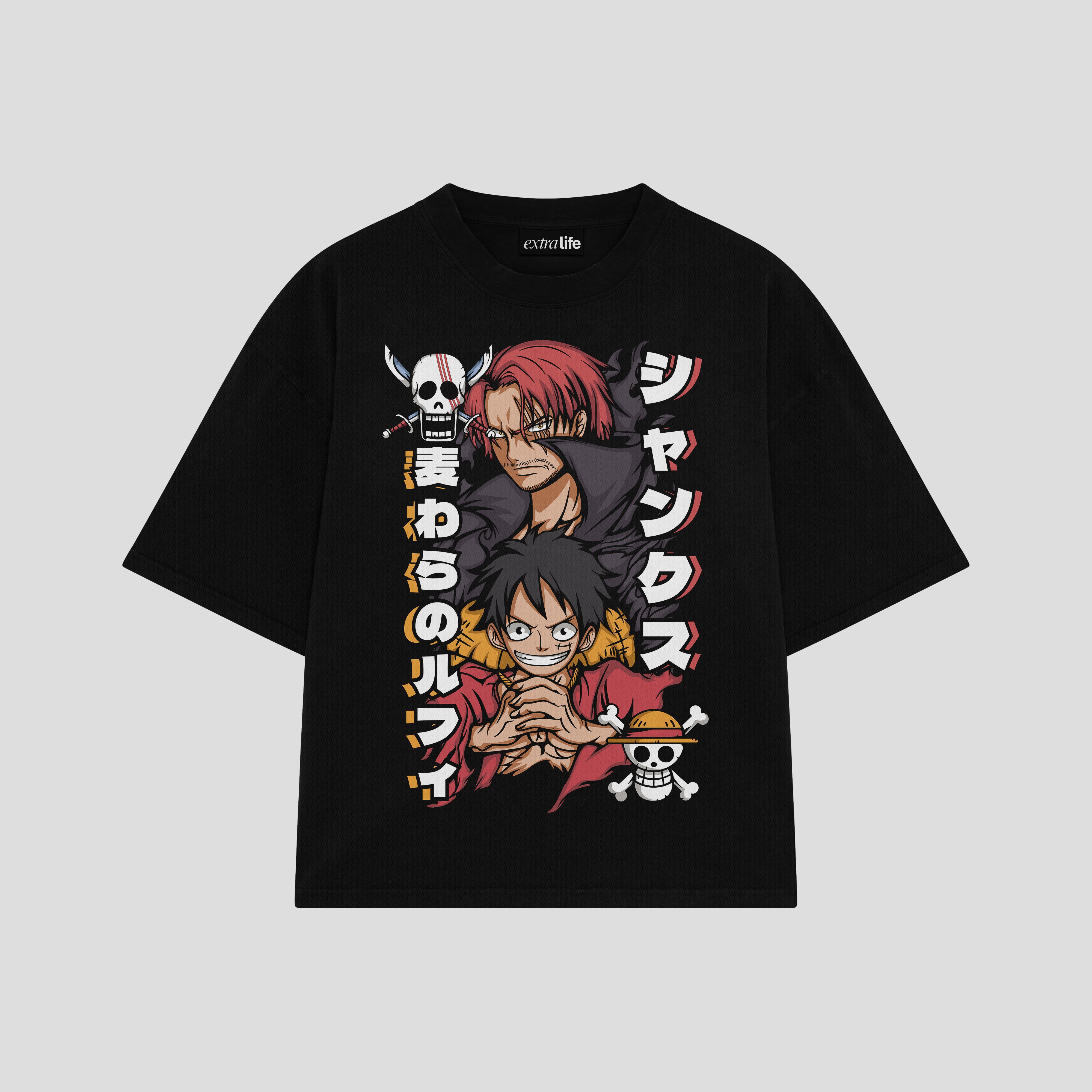 Playera streetwear premium de anime y gaming ExtraLife MX, corte boxy oversized drop shoulder heavyweight en color Deep Black y Off-White, moda urbana mexicana de culto.