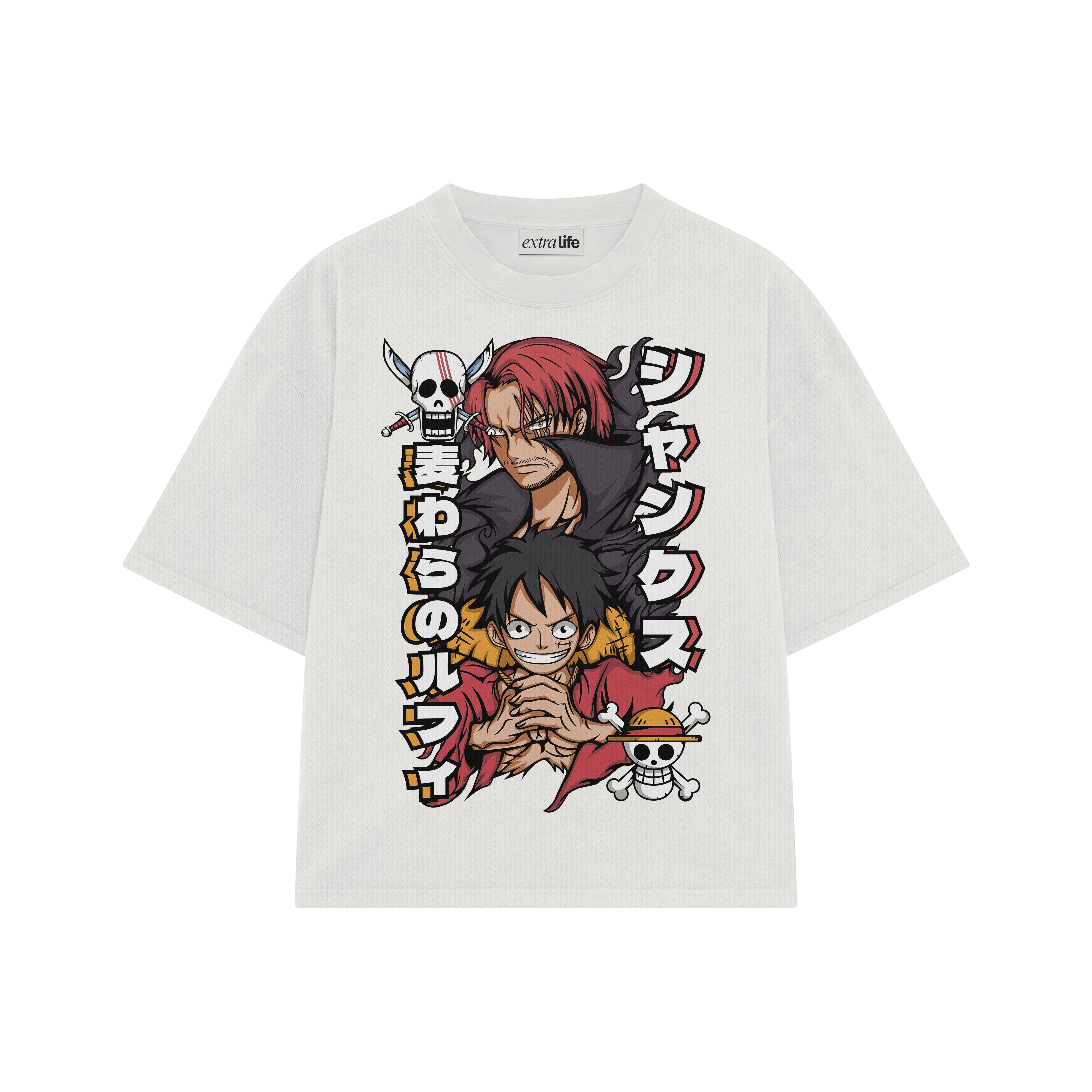 Playera streetwear premium de anime y gaming ExtraLife MX, corte boxy oversized drop shoulder heavyweight en color Deep Black y Off-White, moda urbana mexicana de culto.