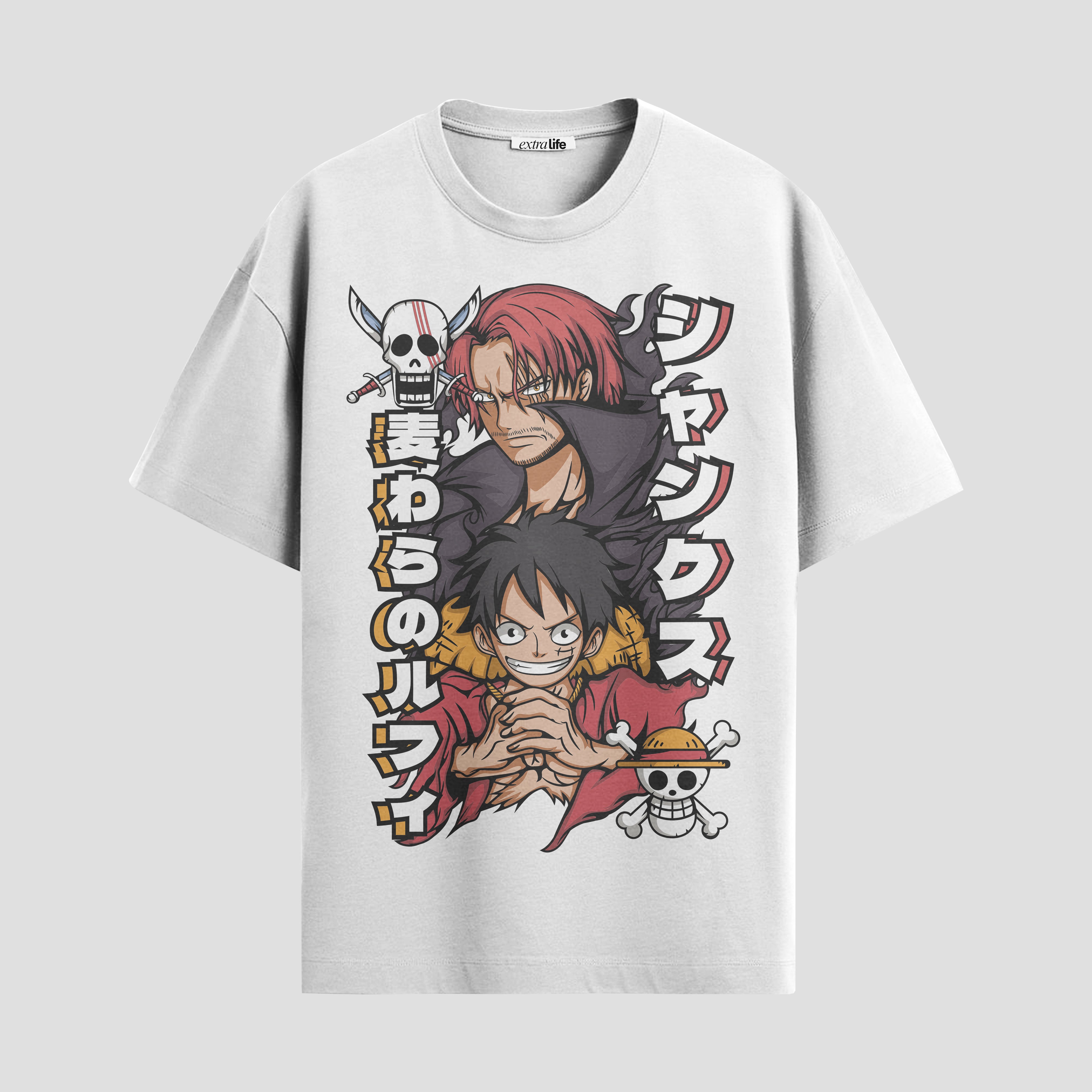 Playera urbana de anime y gaming ExtraLife MX, corte Standard Fit unisex ligero y transpirable en color Deep Black y Pure White, ropa de uso diario para gym y casual.