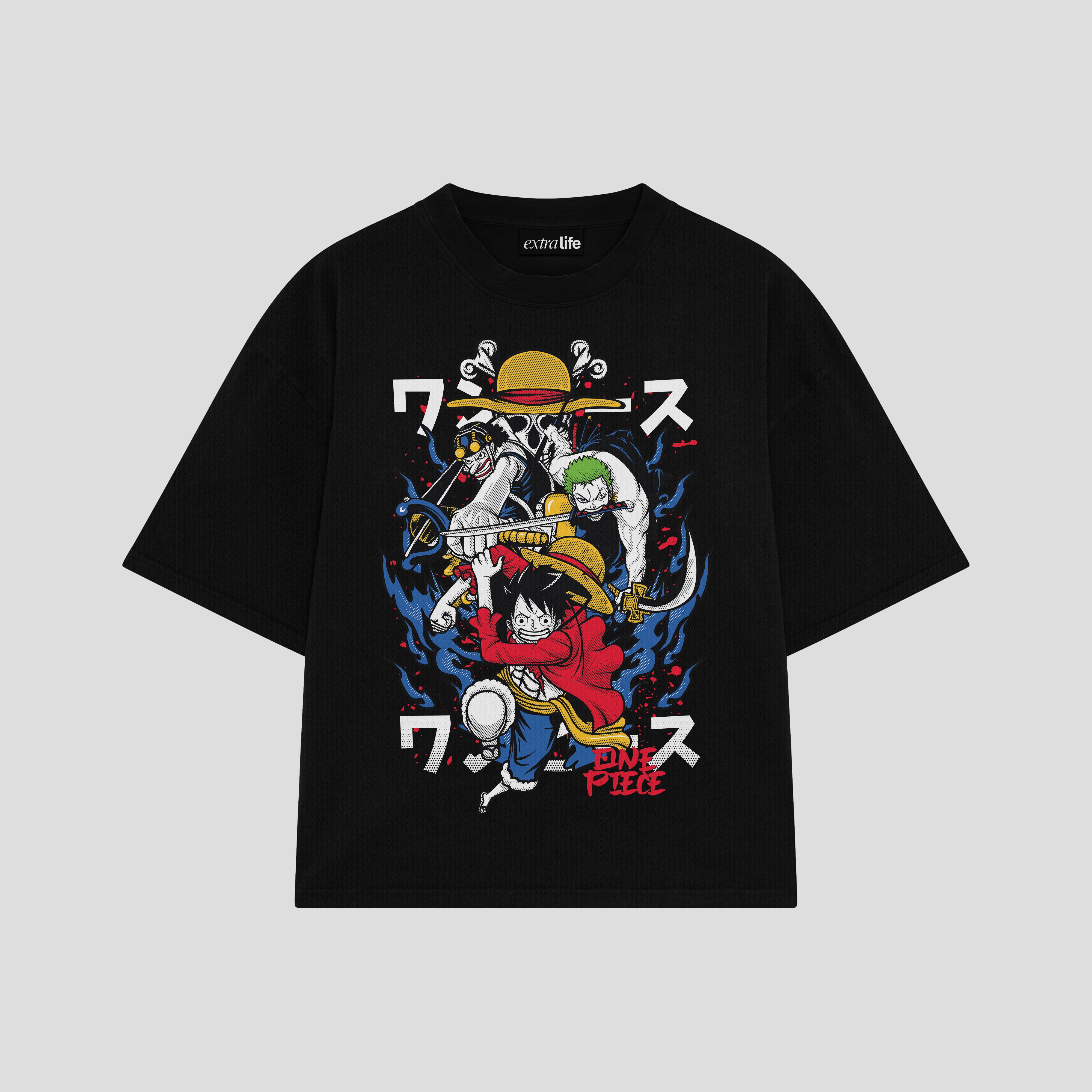 Playera streetwear premium de anime y gaming ExtraLife MX, corte boxy oversized drop shoulder heavyweight en color Deep Black y Off-White, moda urbana mexicana de culto.