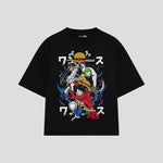 Playera streetwear premium de anime y gaming ExtraLife MX, corte boxy oversized drop shoulder heavyweight en color Deep Black y Off-White, moda urbana mexicana de culto.