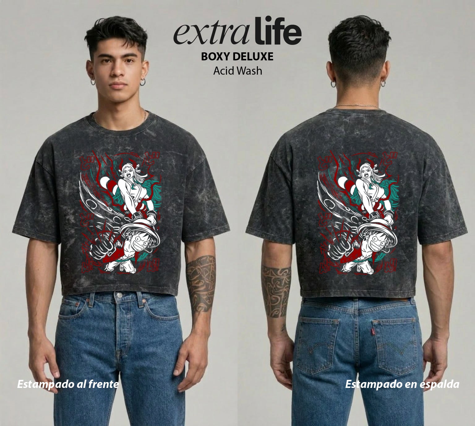 Playera streetwear premium de anime y gaming ExtraLife MX, corte boxy deluxe mineral wash heavyweight en color Acid Wash, moda urbana mexicana de culto.