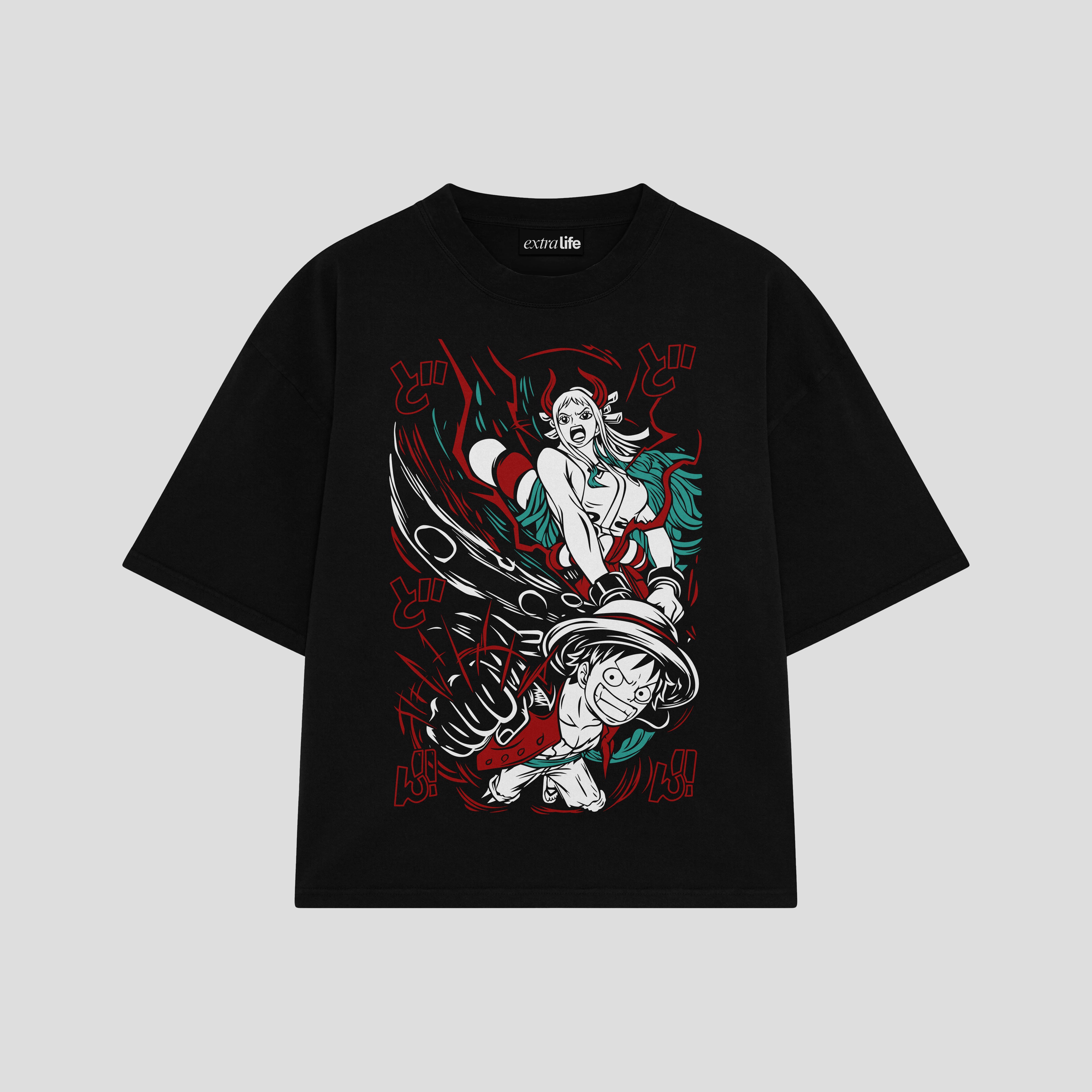 Playera streetwear premium de anime y gaming ExtraLife MX, corte boxy oversized drop shoulder heavyweight en color Deep Black y Off-White, moda urbana mexicana de culto.