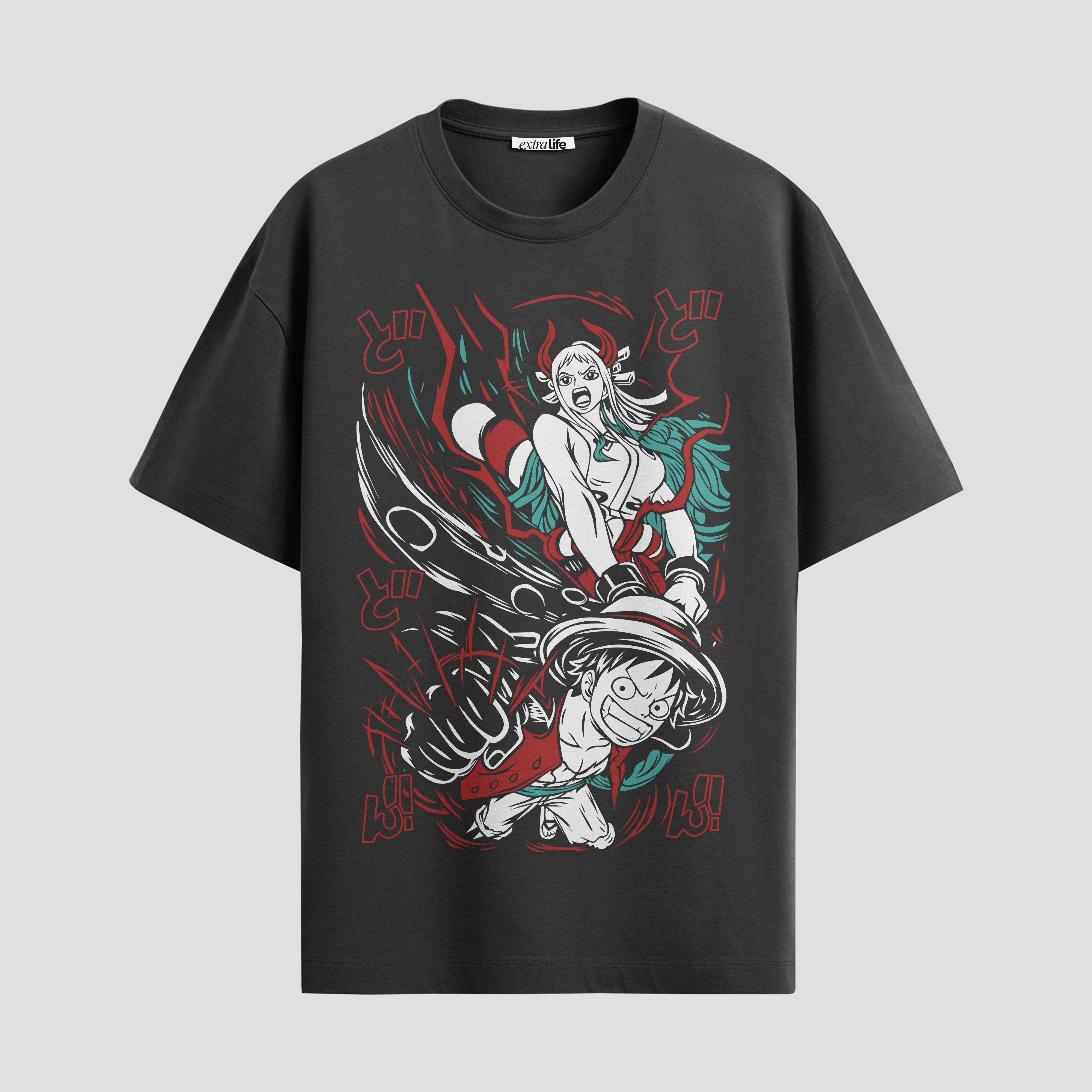 Playera urbana de anime y gaming ExtraLife MX, corte Standard Fit unisex ligero y transpirable en color Deep Black y Pure White, ropa de uso diario para gym y casual.
