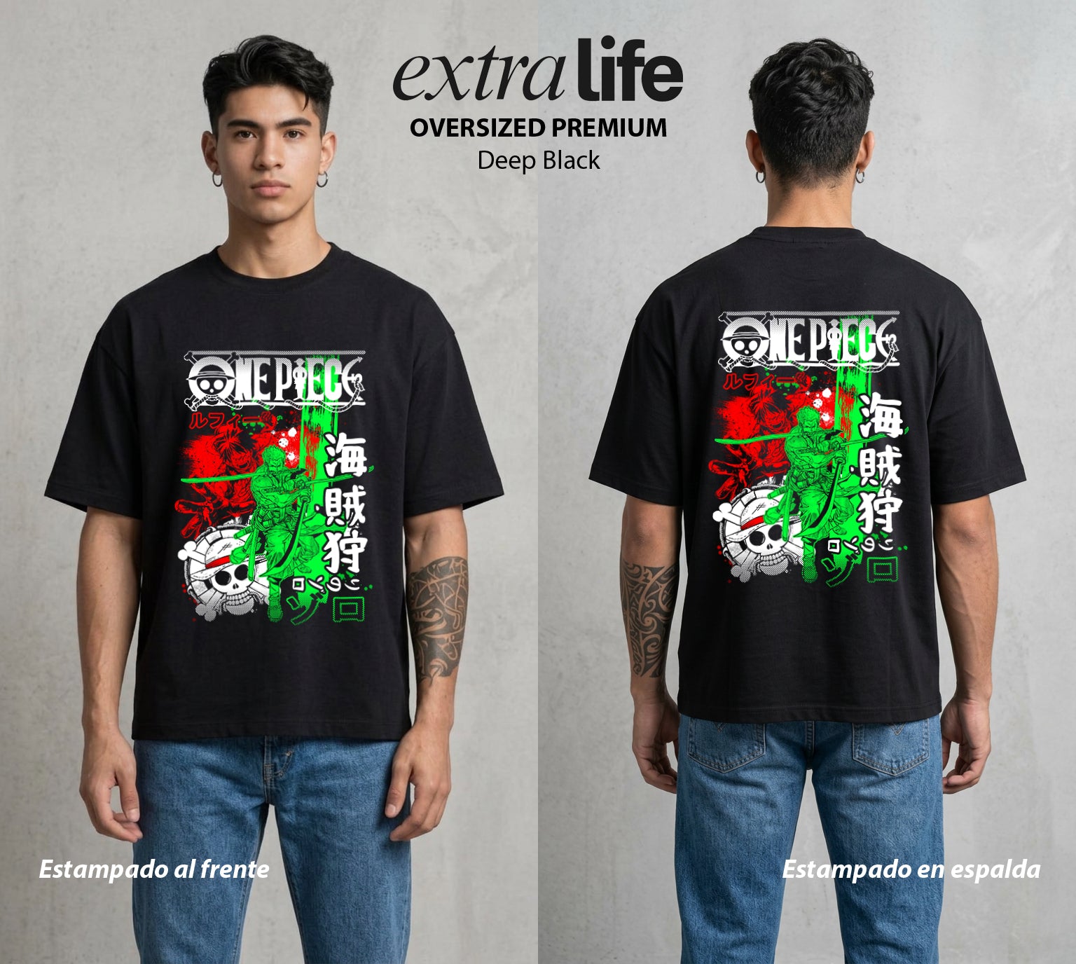Mar de los Piratas | Tres Espadas #03249 - Playera Oversized Premium | Deep Black - Foto en modelo