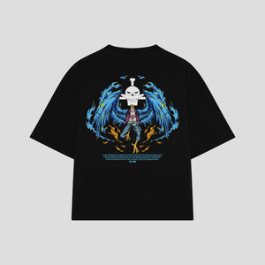 Playera streetwear premium de anime y gaming ExtraLife MX, corte boxy oversized drop shoulder heavyweight en color Deep Black y Off-White, moda urbana mexicana de culto.