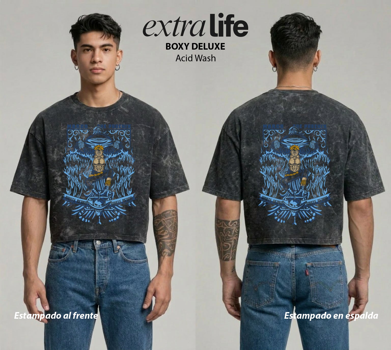 Playera streetwear premium de anime y gaming ExtraLife MX, corte boxy deluxe mineral wash heavyweight en color Acid Wash, moda urbana mexicana de culto.