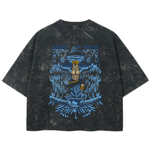 Playera streetwear premium de anime y gaming ExtraLife MX, corte boxy deluxe mineral wash heavyweight en color Acid Wash, moda urbana mexicana de culto.