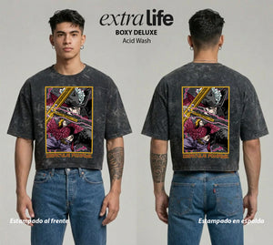 Playera streetwear premium de anime y gaming ExtraLife MX, corte boxy deluxe mineral wash heavyweight en color Acid Wash, moda urbana mexicana de culto.