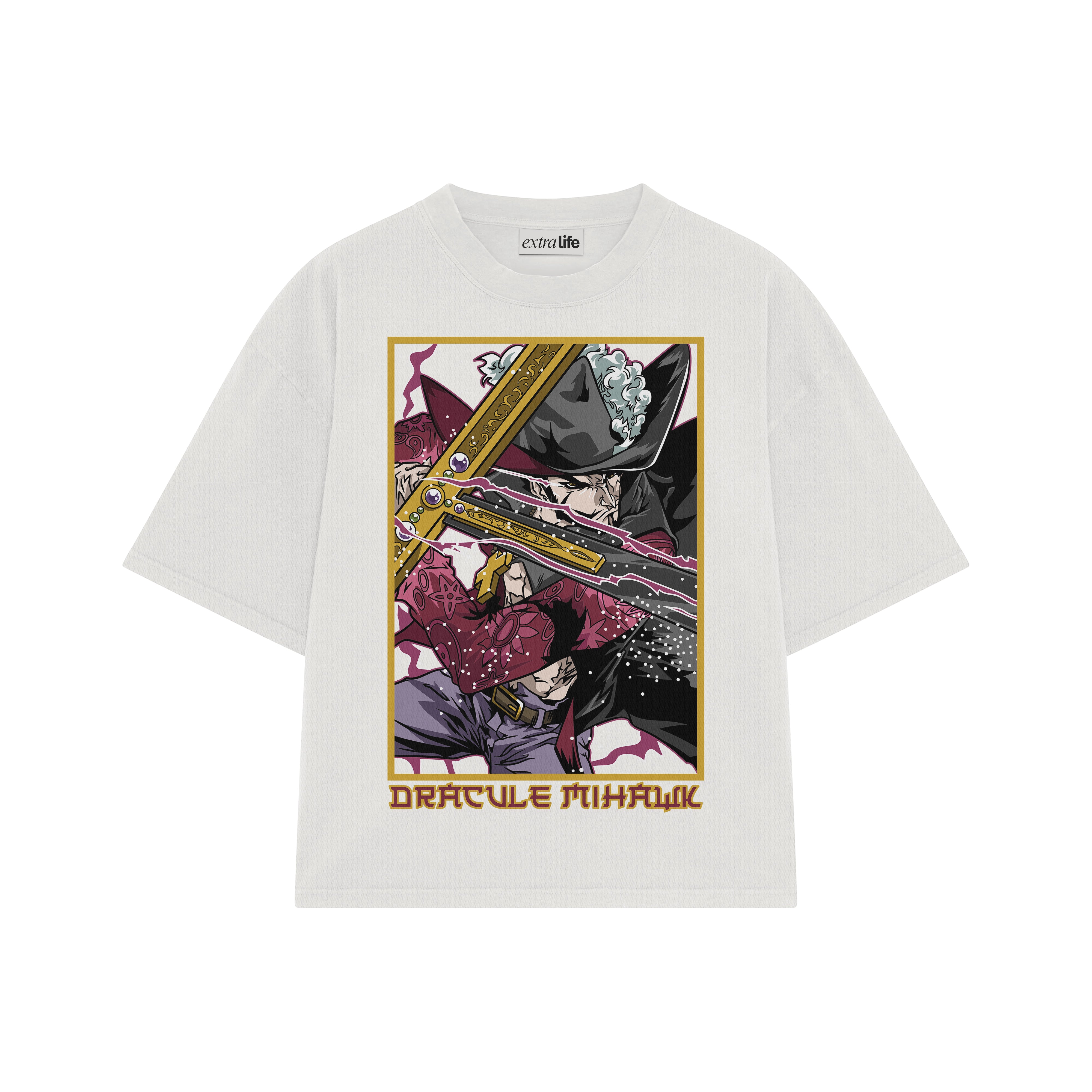 Playera streetwear premium de anime y gaming ExtraLife MX, corte boxy oversized drop shoulder heavyweight en color Deep Black y Off-White, moda urbana mexicana de culto.