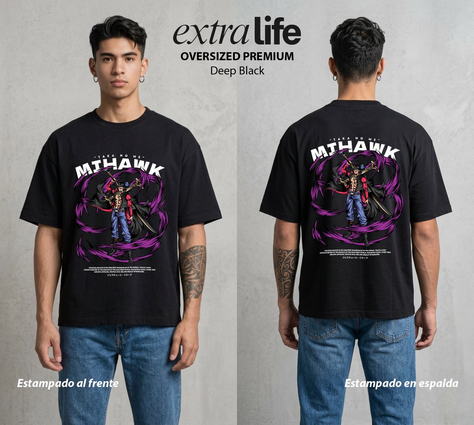 Mar de los Piratas | El Espadachin Mas Fuerte #03256 - Playera Oversized Premium | Deep Black - Foto en modelo