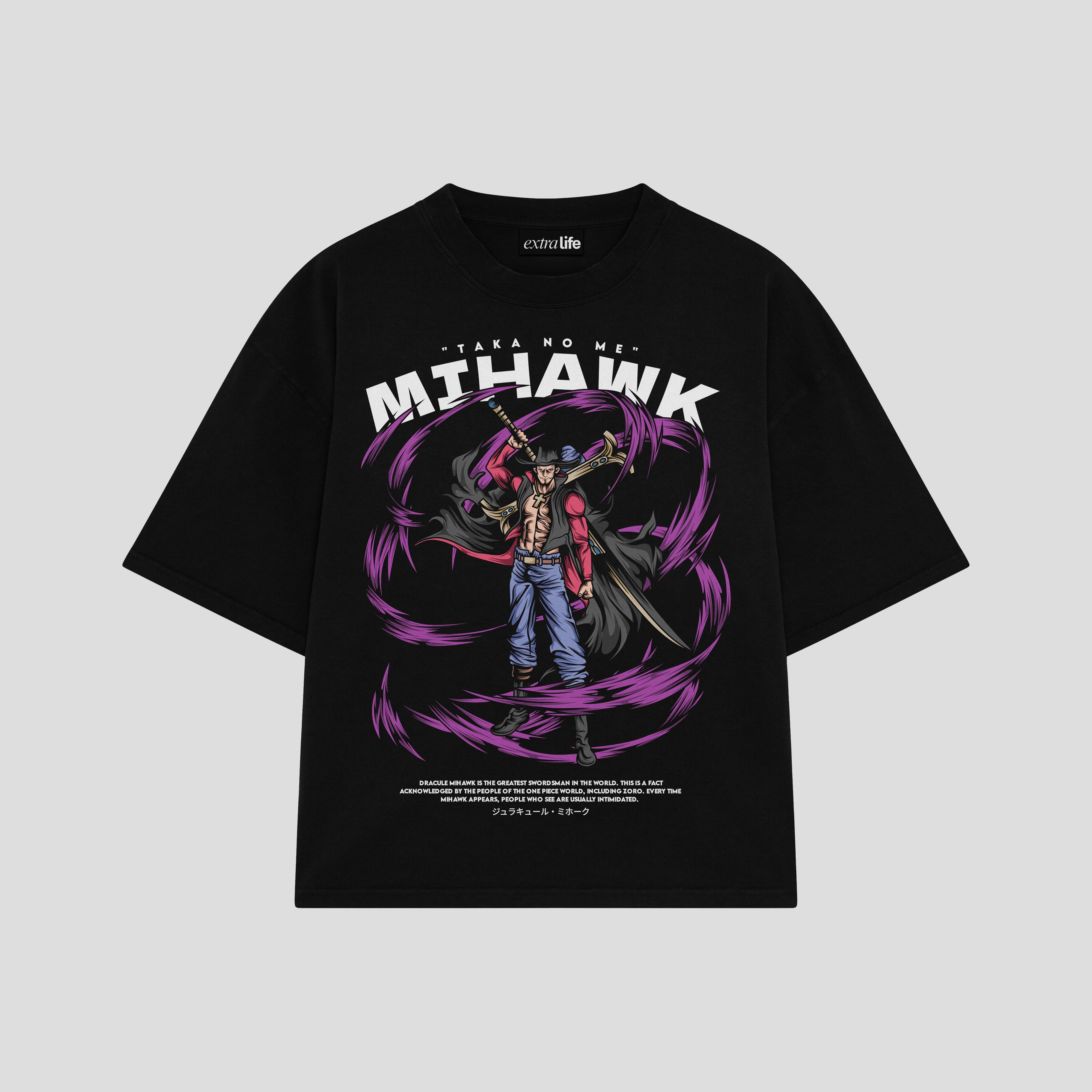 Playera streetwear premium de anime y gaming ExtraLife MX, corte boxy oversized drop shoulder heavyweight en color Deep Black y Off-White, moda urbana mexicana de culto.