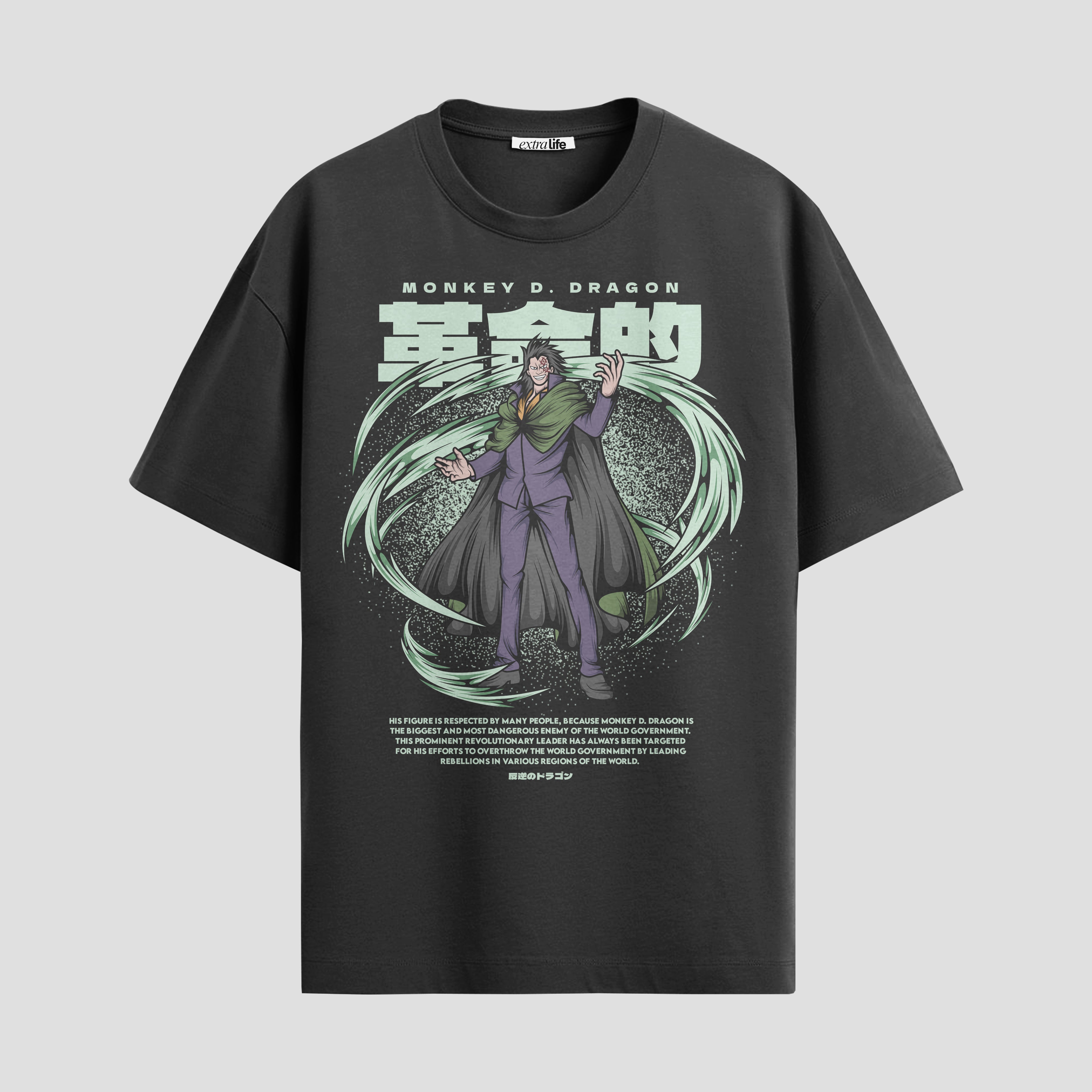 Playera urbana de anime y gaming ExtraLife MX, corte Standard Fit unisex ligero y transpirable en color Deep Black y Pure White, ropa de uso diario para gym y casual.