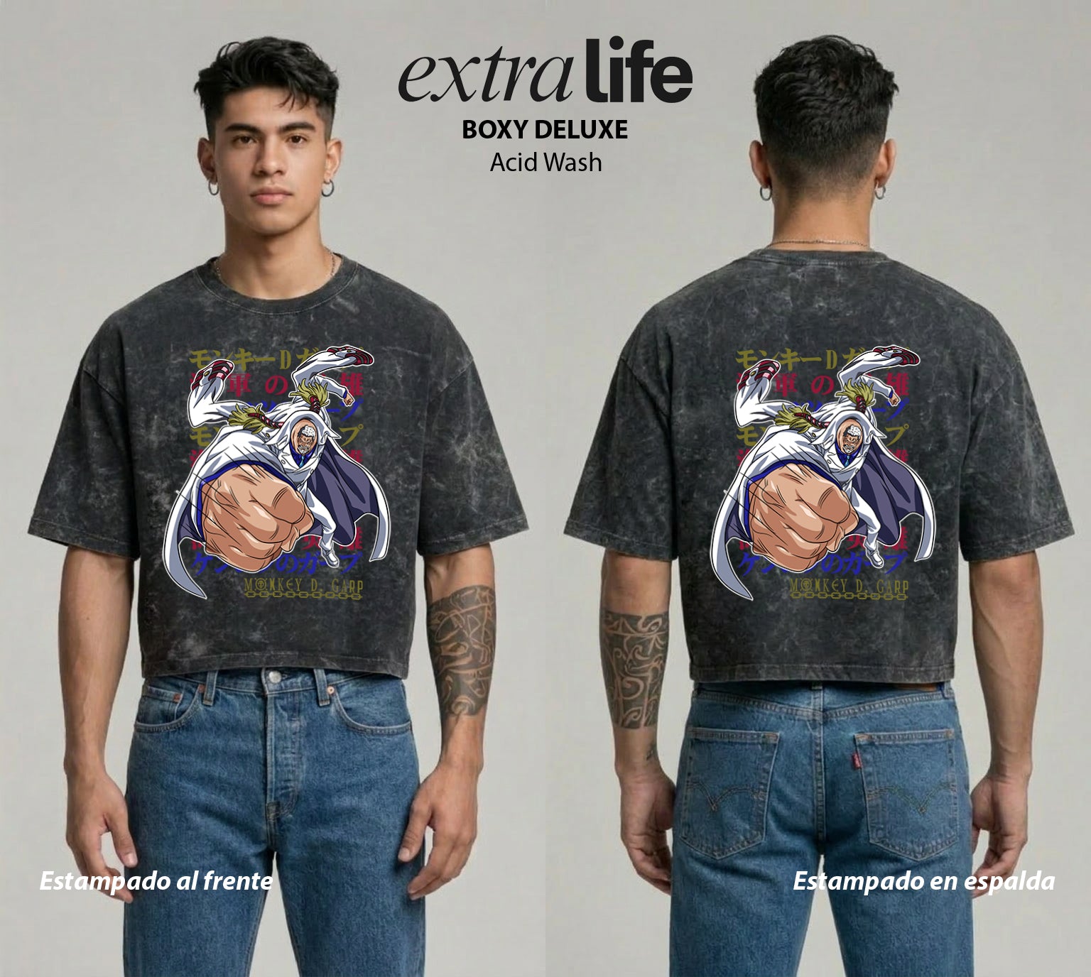 Playera streetwear premium de anime y gaming ExtraLife MX, corte boxy deluxe mineral wash heavyweight en color Acid Wash, moda urbana mexicana de culto.