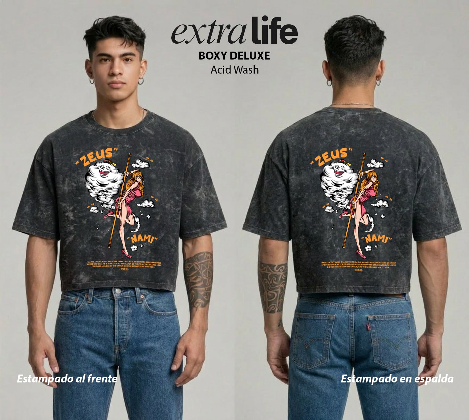 Playera streetwear premium de anime y gaming ExtraLife MX, corte boxy deluxe mineral wash heavyweight en color Acid Wash, moda urbana mexicana de culto.
