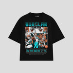 Playera streetwear premium de anime y gaming ExtraLife MX, corte boxy oversized drop shoulder heavyweight en color Deep Black y Off-White, moda urbana mexicana de culto.