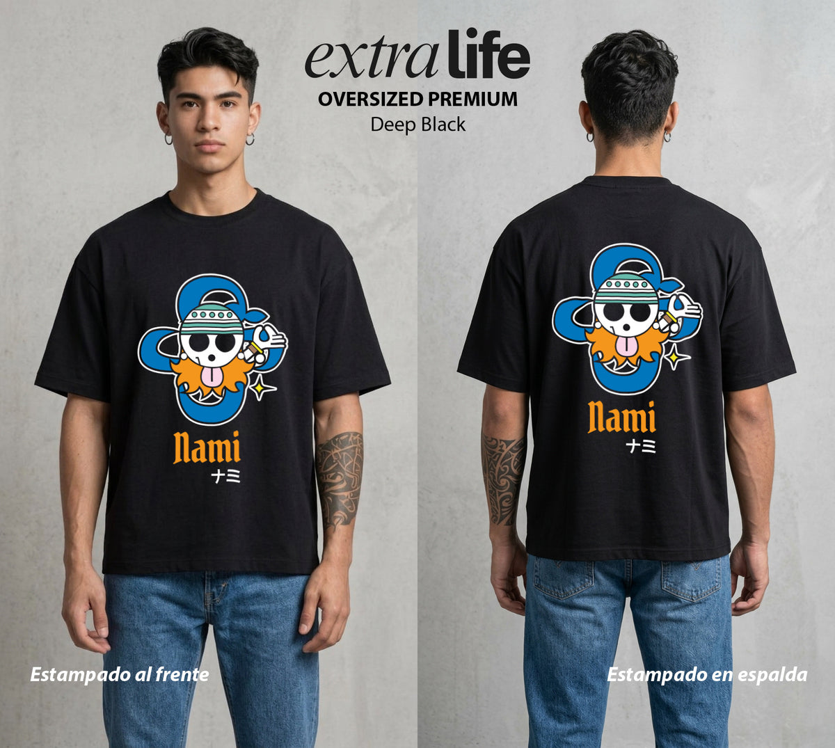 Mar de los Piratas | La Navegante con Bandera #03268 - Playera Oversized Premium | Deep Black - Foto en modelo