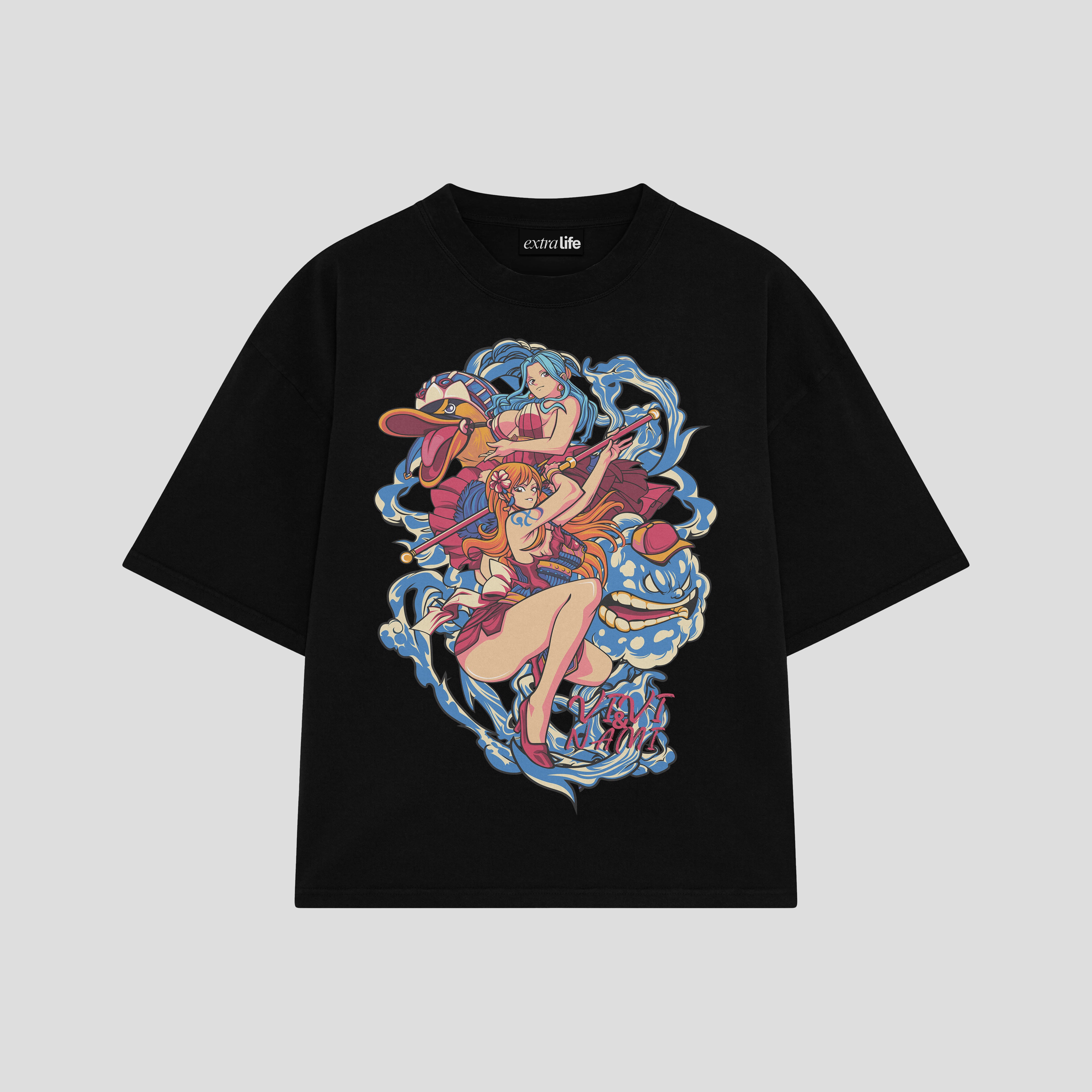 Playera streetwear premium de anime y gaming ExtraLife MX, corte boxy oversized drop shoulder heavyweight en color Deep Black y Off-White, moda urbana mexicana de culto.
