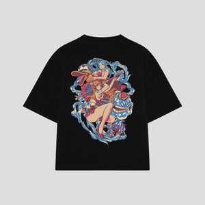 Playera streetwear premium de anime y gaming ExtraLife MX, corte boxy oversized drop shoulder heavyweight en color Deep Black y Off-White, moda urbana mexicana de culto.