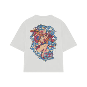 Playera streetwear premium de anime y gaming ExtraLife MX, corte boxy oversized drop shoulder heavyweight en color Deep Black y Off-White, moda urbana mexicana de culto.
