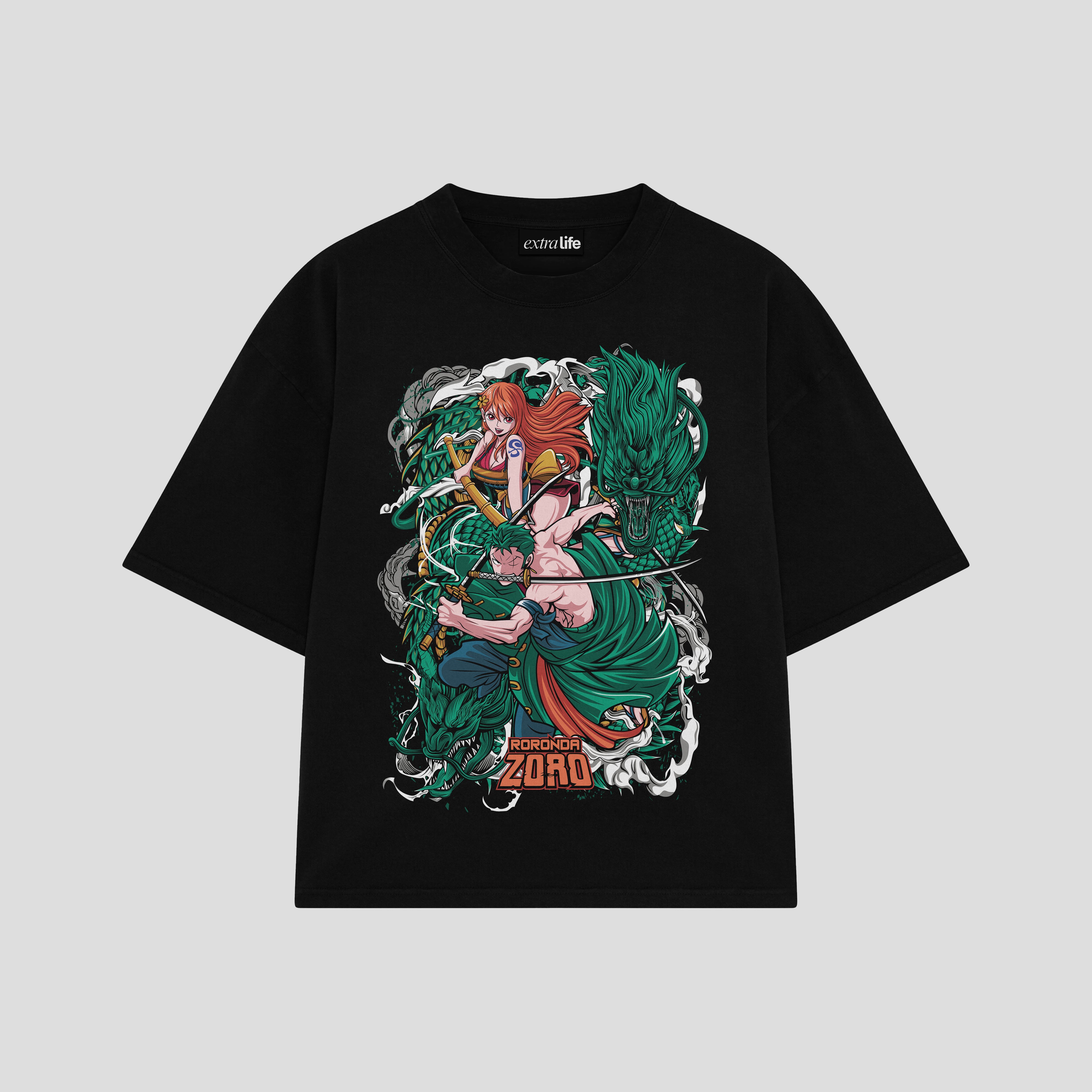Playera streetwear premium de anime y gaming ExtraLife MX, corte boxy oversized drop shoulder heavyweight en color Deep Black y Off-White, moda urbana mexicana de culto.