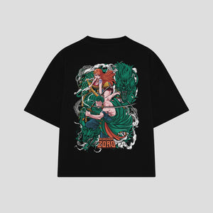 Playera streetwear premium de anime y gaming ExtraLife MX, corte boxy oversized drop shoulder heavyweight en color Deep Black y Off-White, moda urbana mexicana de culto.