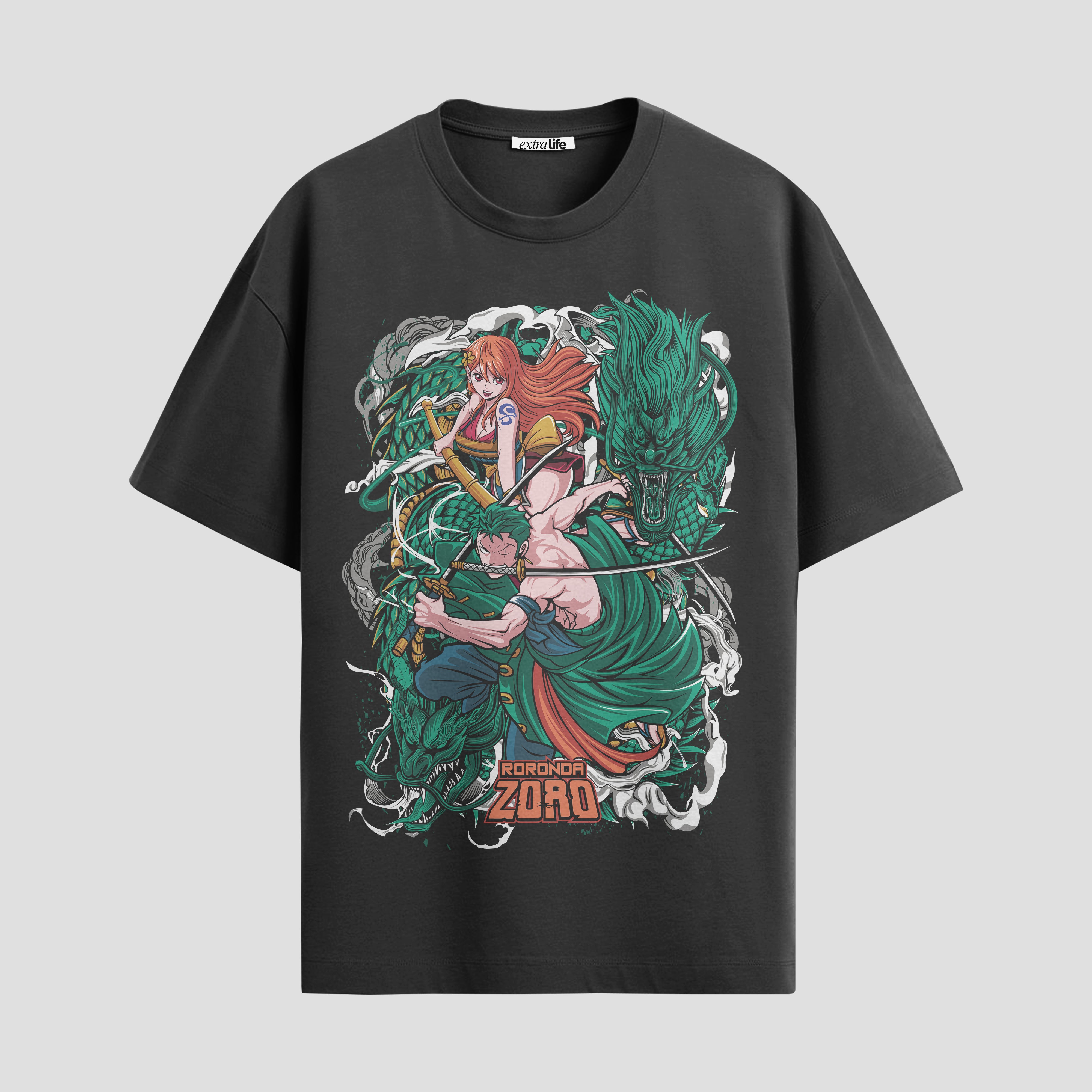 Playera urbana de anime y gaming ExtraLife MX, corte Standard Fit unisex ligero y transpirable en color Deep Black y Pure White, ropa de uso diario para gym y casual.