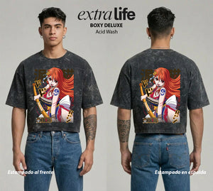 Playera streetwear premium de anime y gaming ExtraLife MX, corte boxy deluxe mineral wash heavyweight en color Acid Wash, moda urbana mexicana de culto.