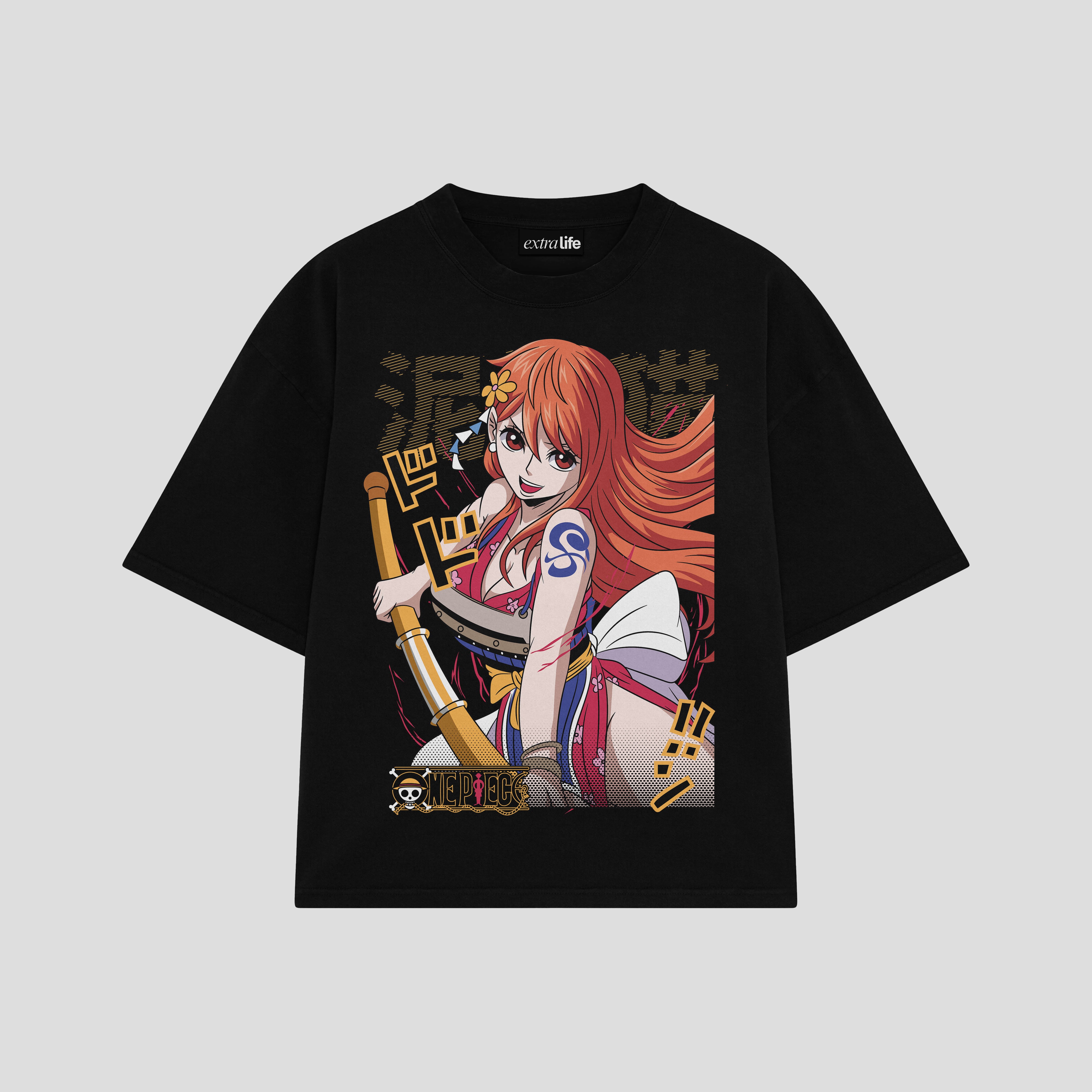 Playera streetwear premium de anime y gaming ExtraLife MX, corte boxy oversized drop shoulder heavyweight en color Deep Black y Off-White, moda urbana mexicana de culto.