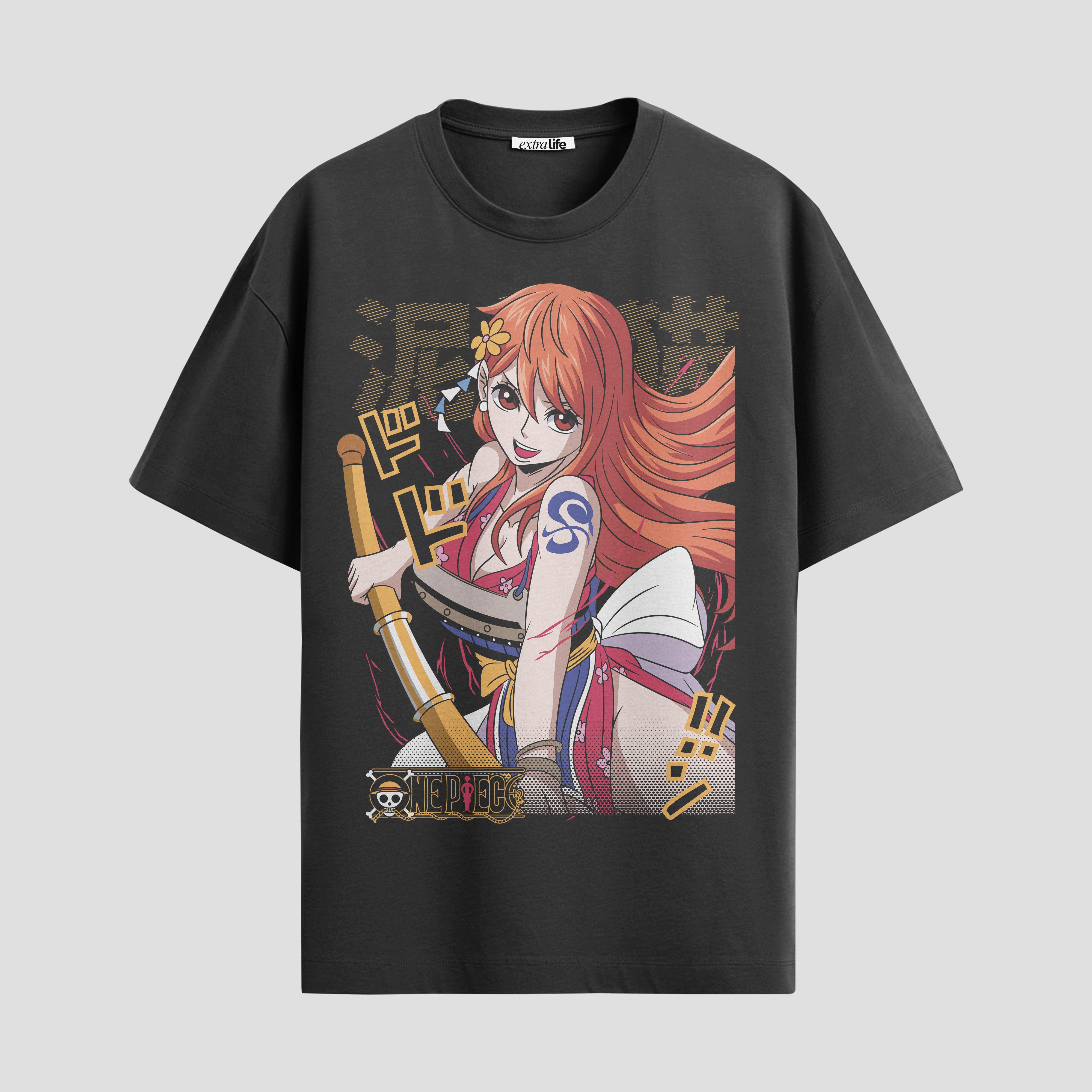 Playera urbana de anime y gaming ExtraLife MX, corte Standard Fit unisex ligero y transpirable en color Deep Black y Pure White, ropa de uso diario para gym y casual.