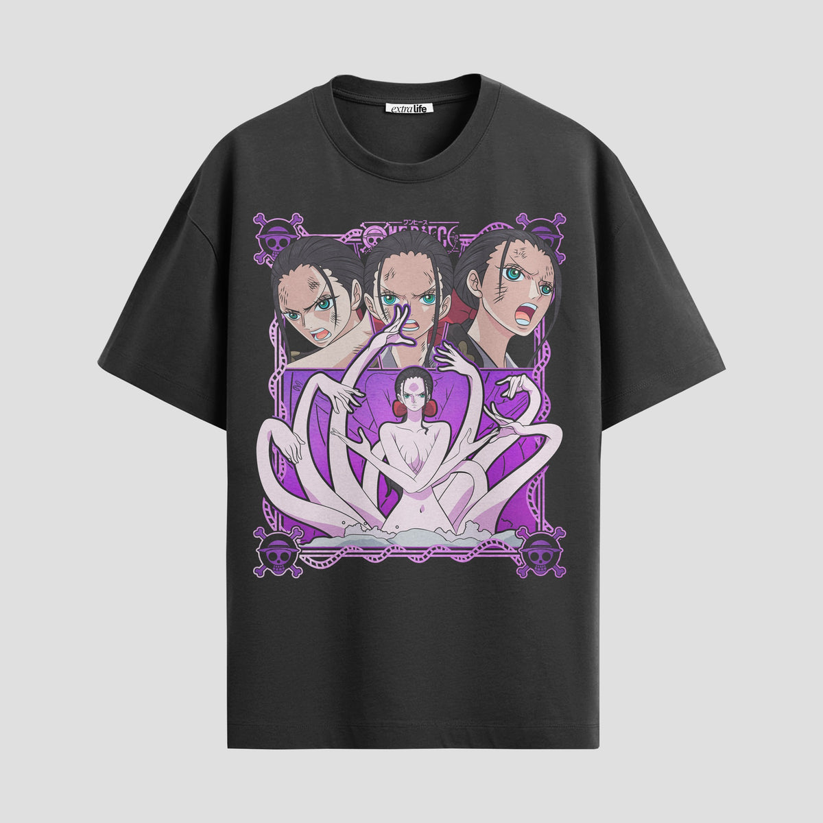 Playera urbana de anime y gaming ExtraLife MX, corte Classic Premium unisex ligero y transpirable en color Deep Black y Pure White, ropa de uso diario para gym y casual.
