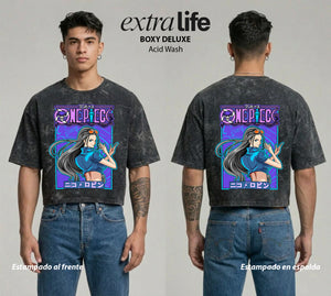 Playera streetwear premium de anime y gaming ExtraLife MX, corte boxy deluxe mineral wash heavyweight en color Acid Wash, moda urbana mexicana de culto.