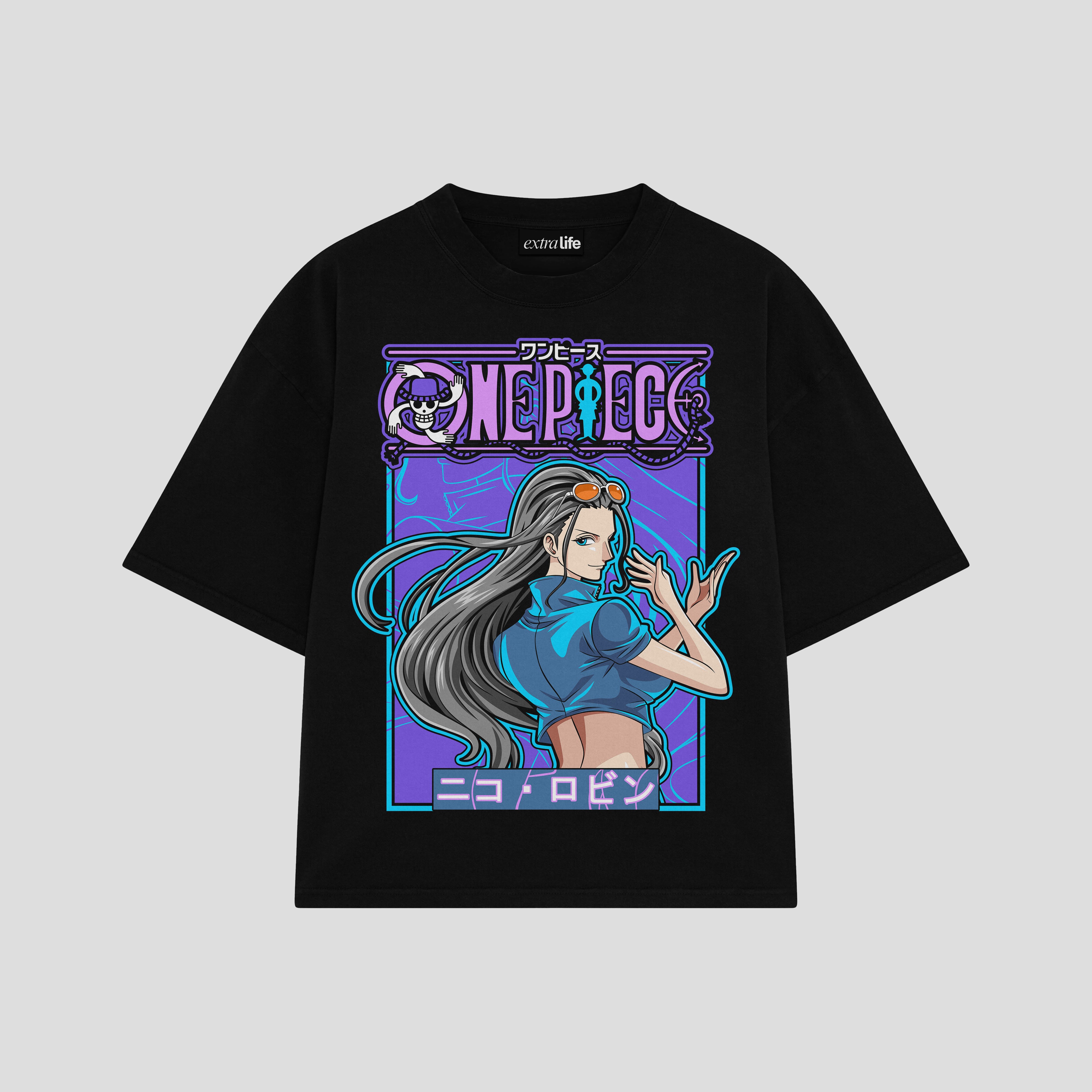 Playera streetwear premium de anime y gaming ExtraLife MX, corte boxy oversized drop shoulder heavyweight en color Deep Black y Off-White, moda urbana mexicana de culto.