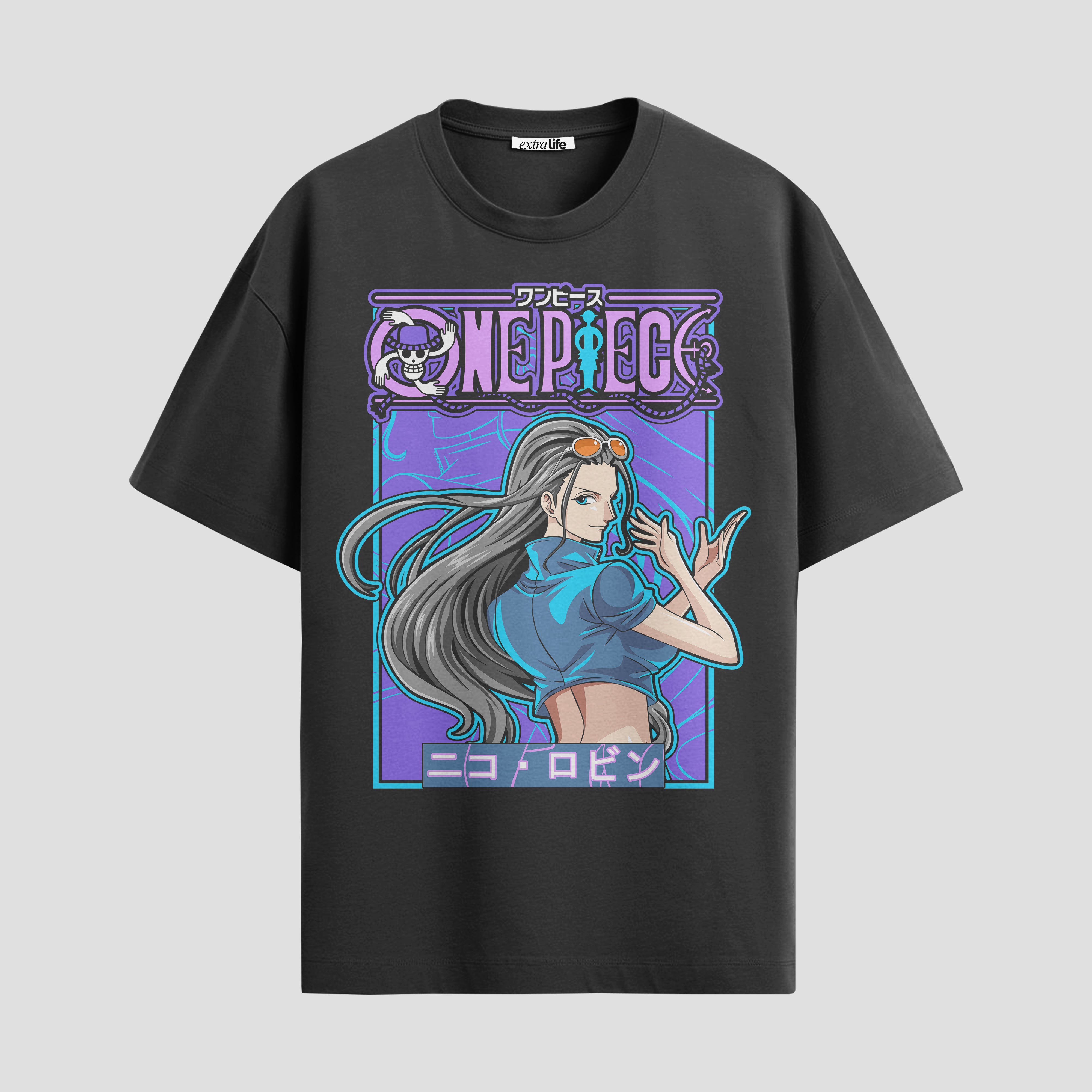 Playera urbana de anime y gaming ExtraLife MX, corte Standard Fit unisex ligero y transpirable en color Deep Black y Pure White, ropa de uso diario para gym y casual.