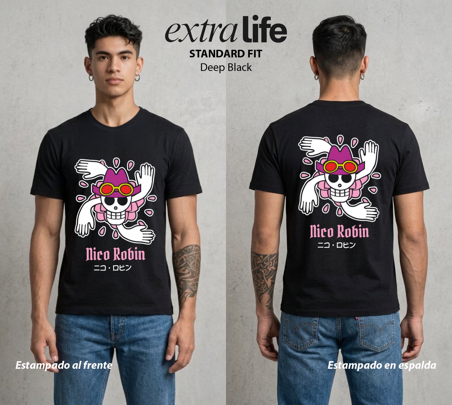 Mar de los Piratas | Flores del Pasado con Bandera #03282 - Playera Standard Fit | Deep Black - Foto en modelo