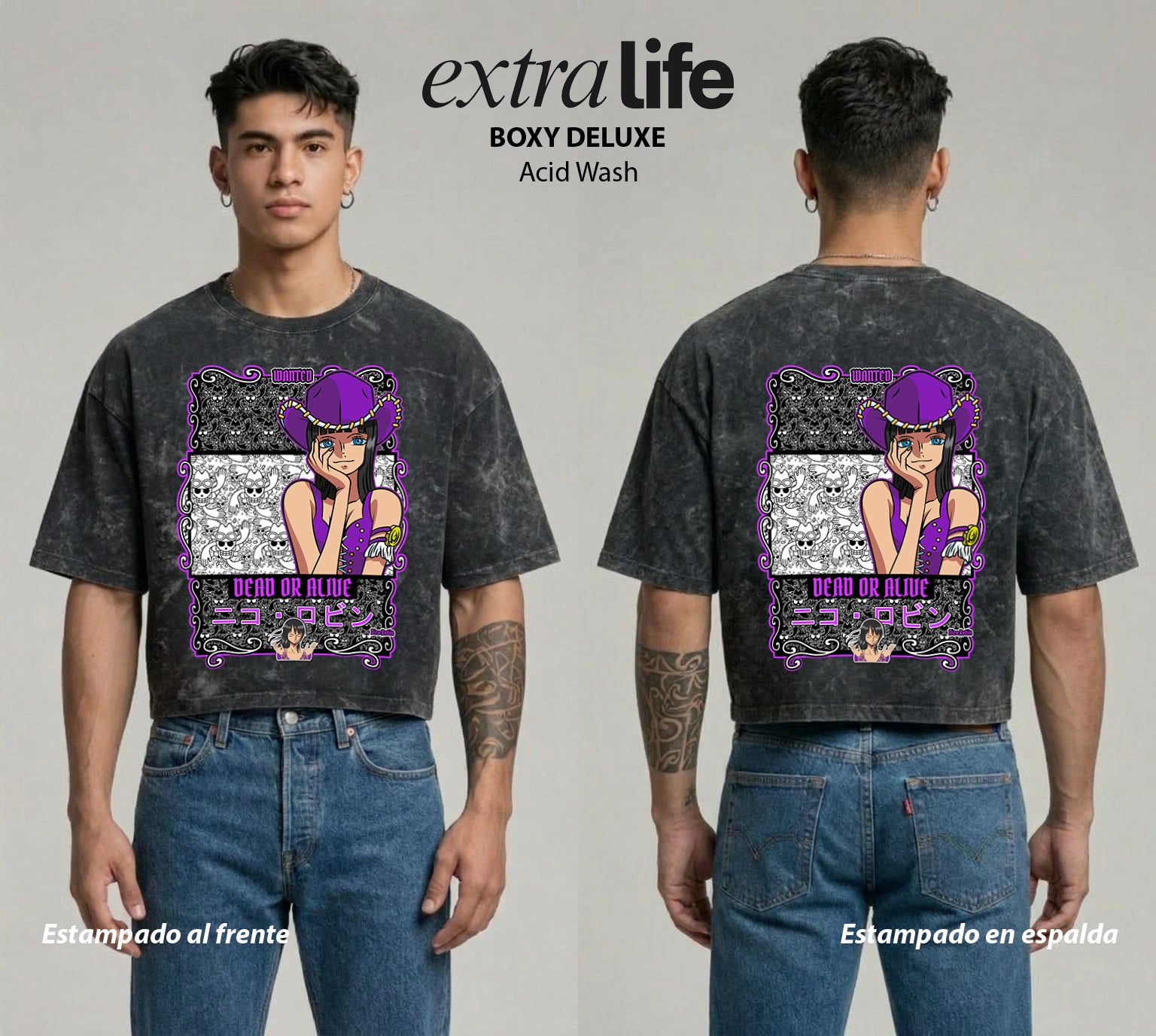 Playera streetwear premium de anime y gaming ExtraLife MX, corte boxy deluxe mineral wash heavyweight en color Acid Wash, moda urbana mexicana de culto.