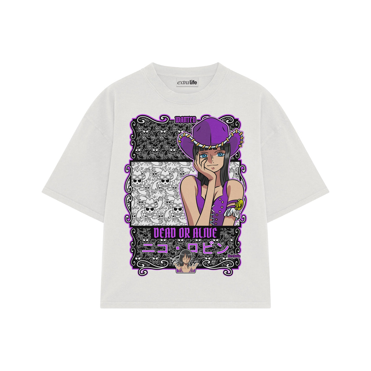 Playera streetwear premium de anime y gaming ExtraLife MX, corte oversized drop shoulder ligero y fresco en color Deep Black y Off-White, moda urbana mexicana de culto.