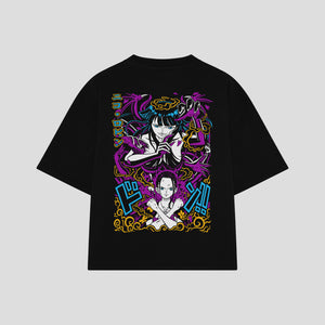 Playera streetwear premium de anime y gaming ExtraLife MX, corte boxy oversized drop shoulder heavyweight en color Deep Black y Off-White, moda urbana mexicana de culto.