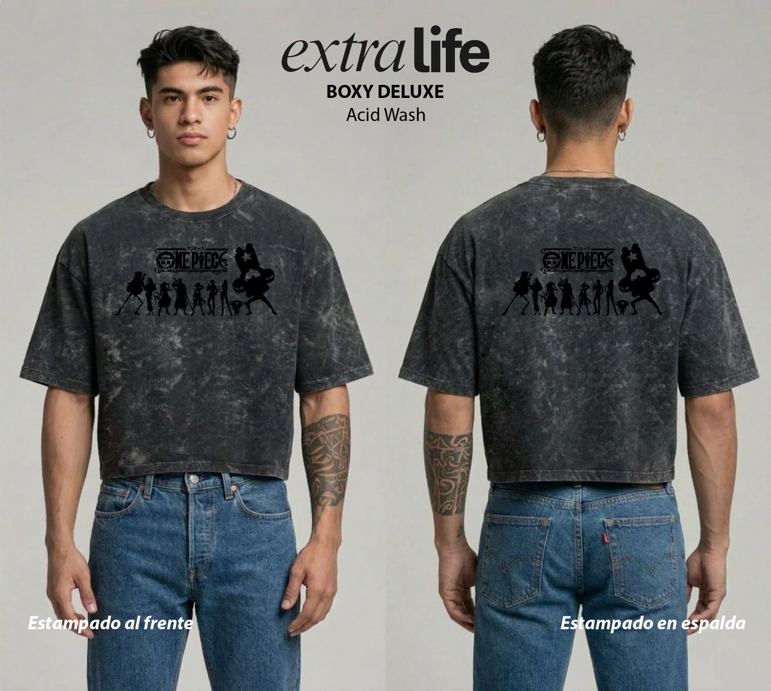Playera streetwear premium de anime y gaming ExtraLife MX, corte boxy deluxe mineral wash heavyweight en color Acid Wash, moda urbana mexicana de culto.