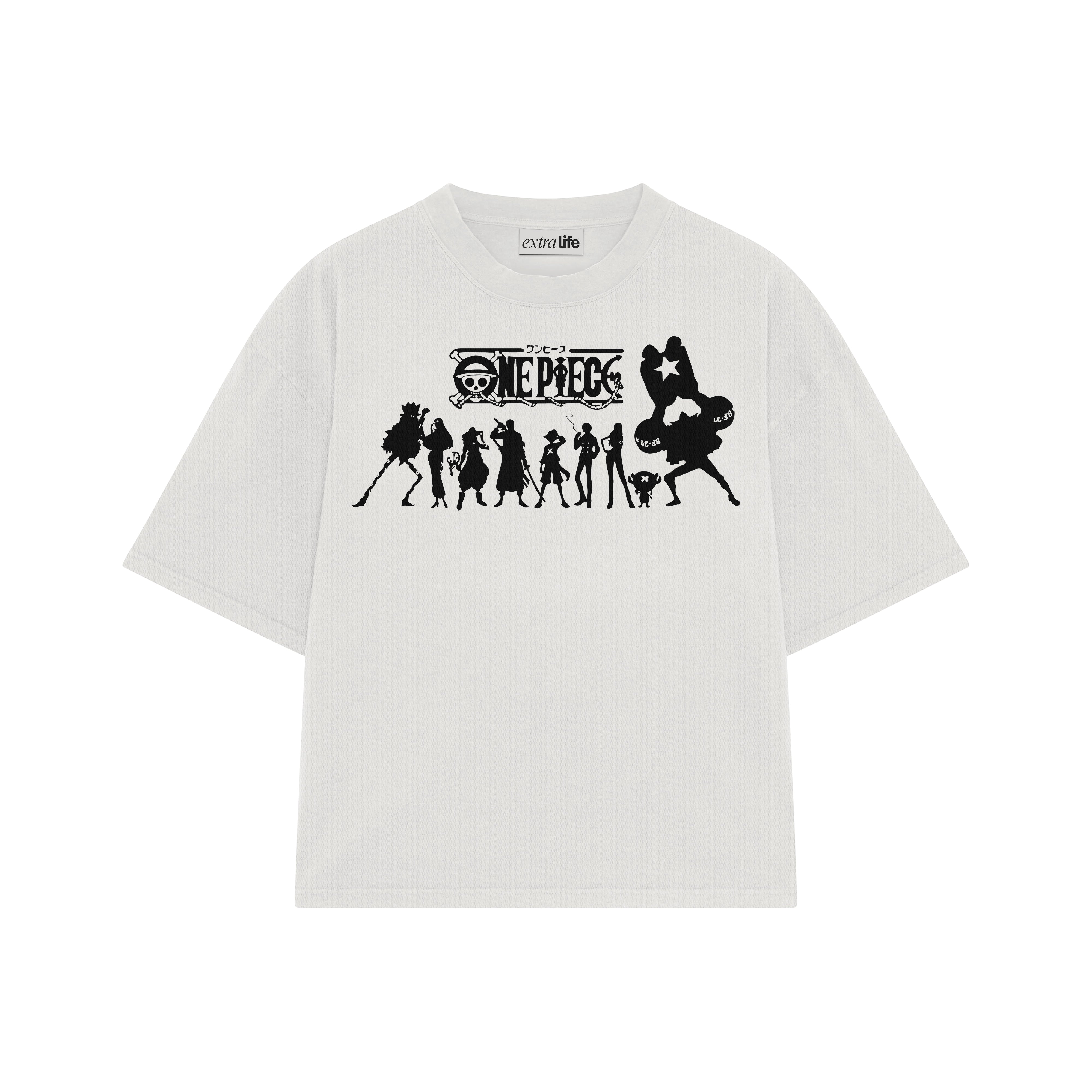 Playera streetwear premium de anime y gaming ExtraLife MX, corte boxy oversized drop shoulder heavyweight en color Deep Black y Off-White, moda urbana mexicana de culto.
