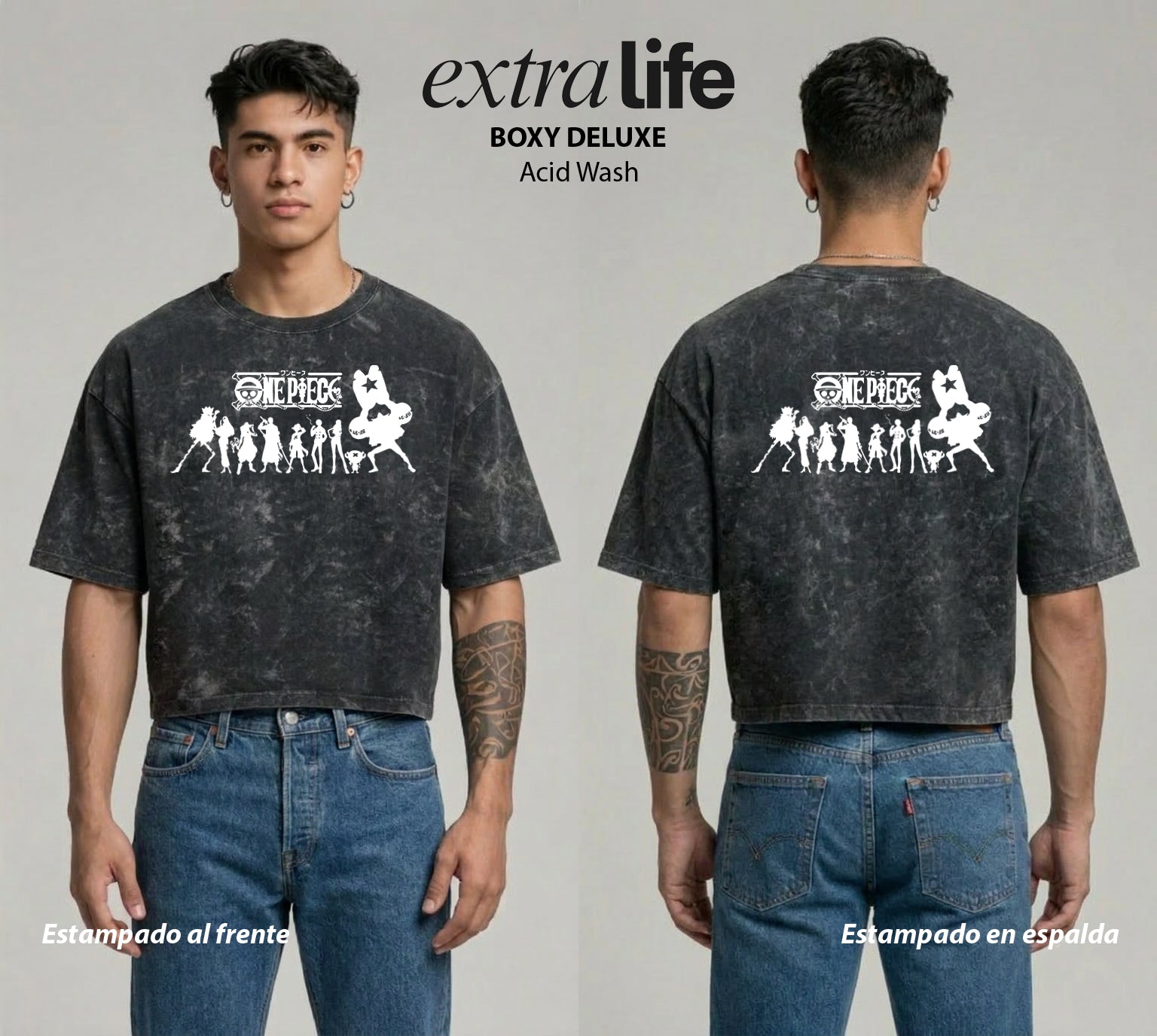 Playera streetwear premium de anime y gaming ExtraLife MX, corte boxy deluxe mineral wash heavyweight en color Acid Wash, moda urbana mexicana de culto.