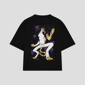 Playera streetwear premium de anime y gaming ExtraLife MX, corte boxy oversized drop shoulder heavyweight en color Deep Black y Off-White, moda urbana mexicana de culto.