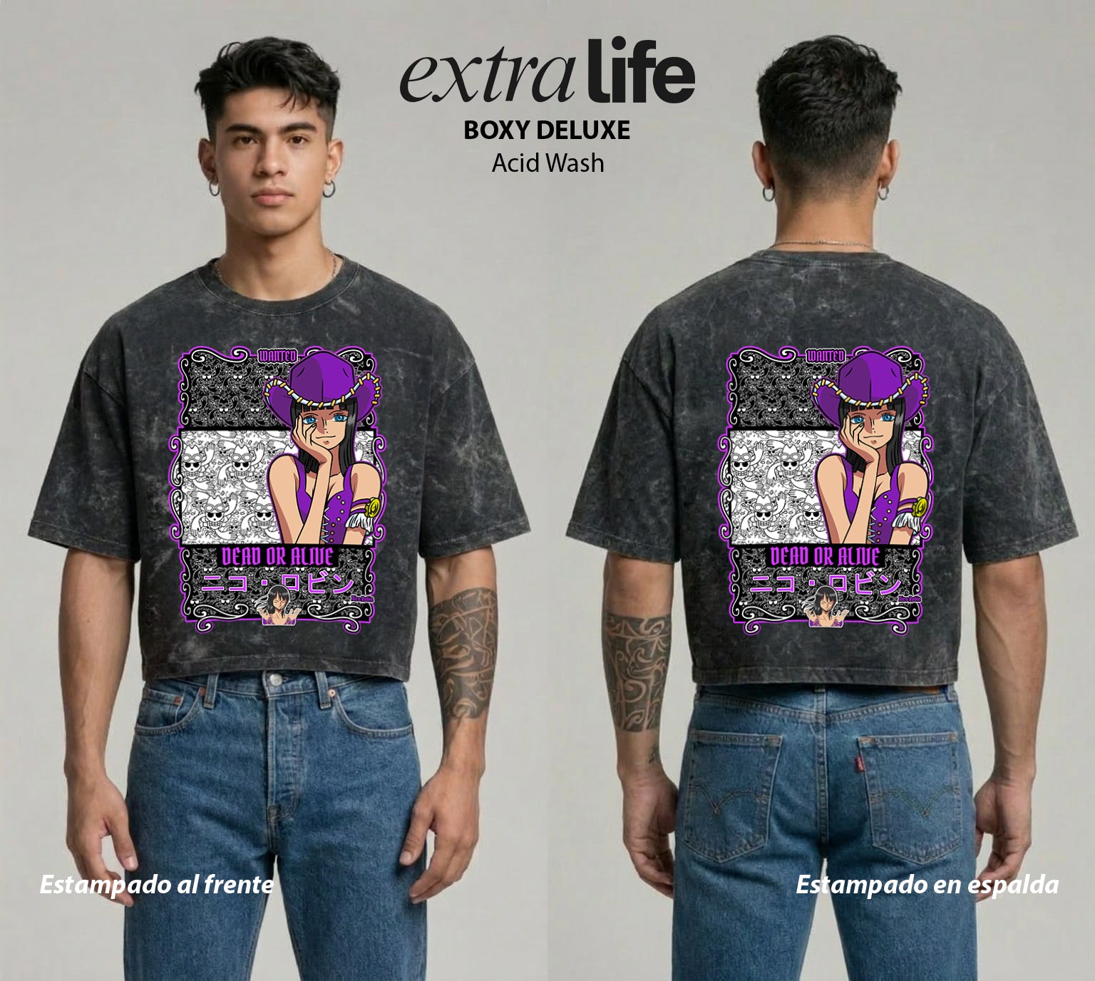 Playera streetwear premium de anime y gaming ExtraLife MX, corte boxy deluxe mineral wash heavyweight en color Acid Wash, moda urbana mexicana de culto.