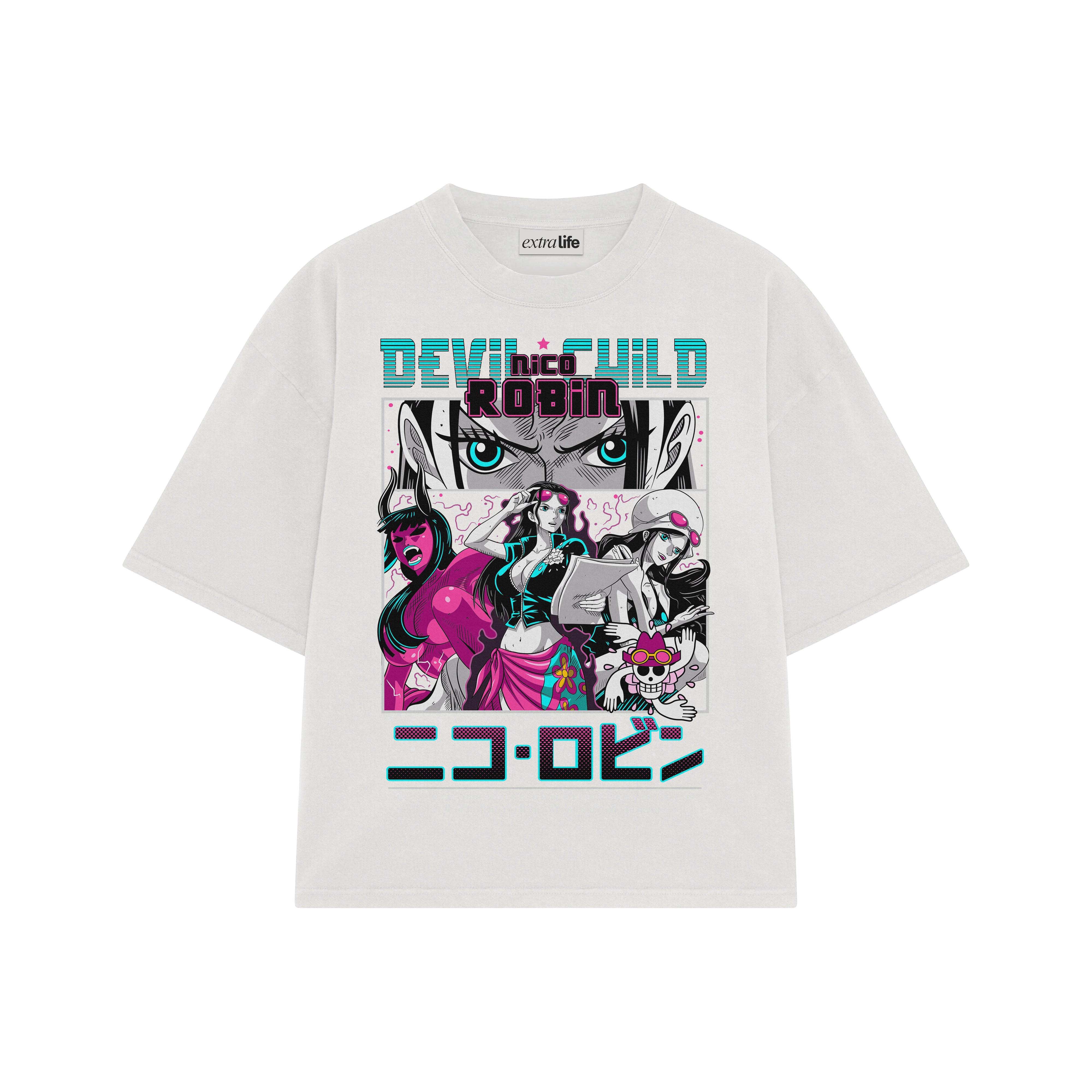 Playera streetwear premium de anime y gaming ExtraLife MX, corte boxy oversized drop shoulder heavyweight en color Deep Black y Off-White, moda urbana mexicana de culto.