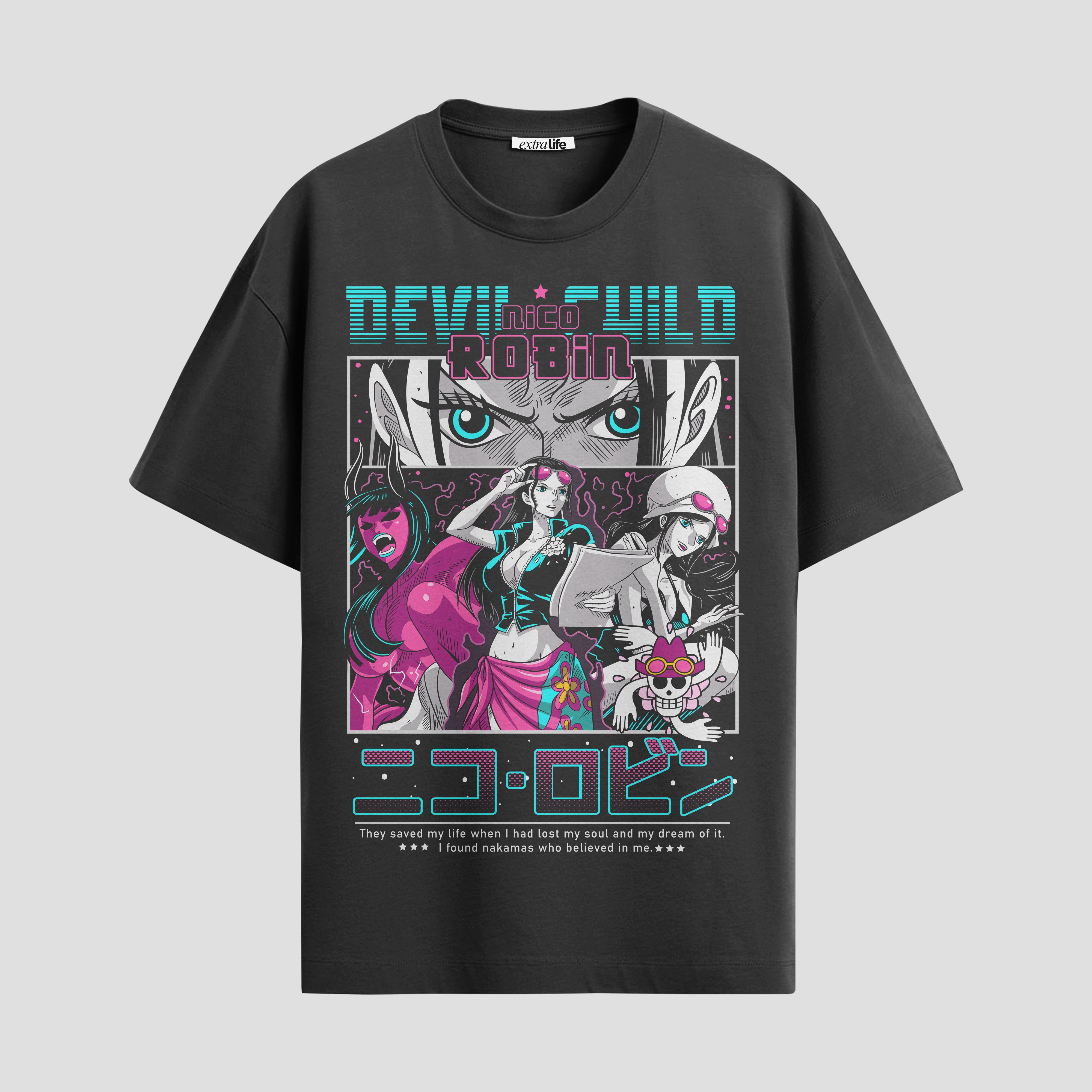 Playera urbana de anime y gaming ExtraLife MX, corte Standard Fit unisex ligero y transpirable en color Deep Black y Pure White, ropa de uso diario para gym y casual.